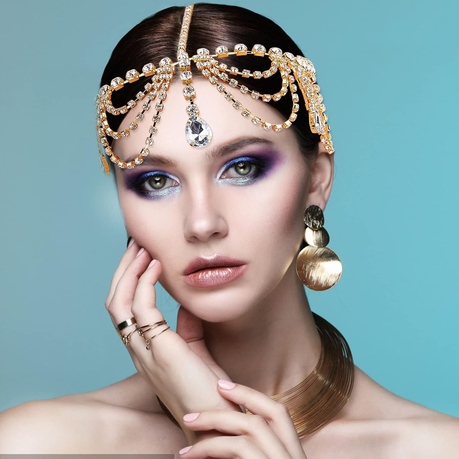NICENEEDED Forehead Tassel Rhinestone Head Chain, Gold Crystal Layered Hair Chain Jewellery, Boho Sparkly Teardrop Rhinestone Headpiece Hair Accessories for Wedding, Prom, Party, Daily Life image number 4
