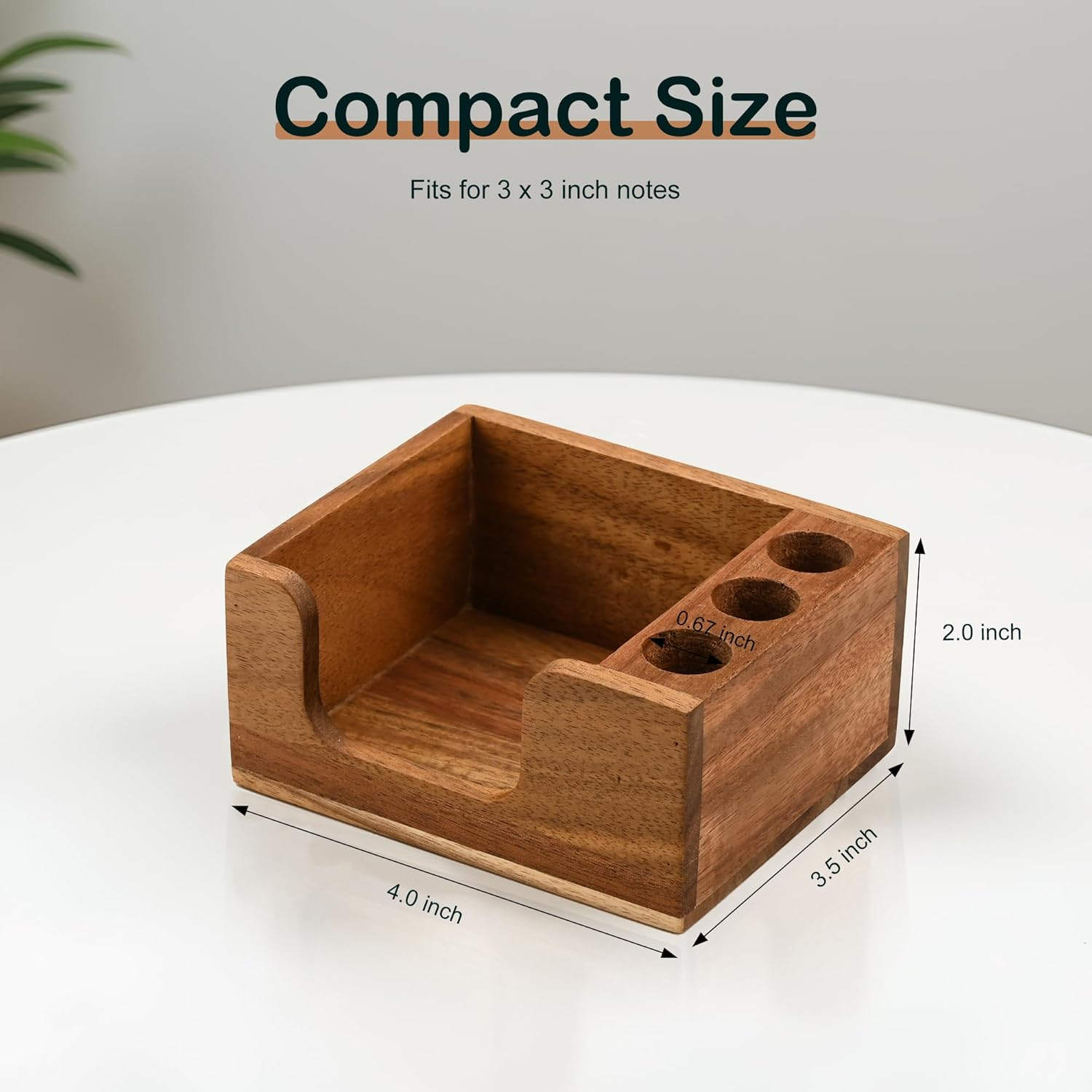 Acacia Wood Sticky Note Holder with 3 Pen Holders, 3X3 Post It Note Dispenser with Anti-Slip Pads, All-In-One Wooden Desk Organizer for Office Home School (4.0&ldquo;X3.5"X2") image number 6