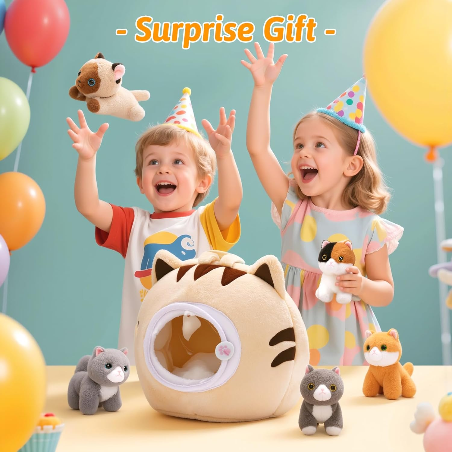 OUOZZZ Cat Stuffed Animal House &ndash; Plush Kitten Toy Set with 4 Soft Cats &ndash; Interactive & Travel-Friendly Playset for Toddlers & Kids &ndash; Huggable, Portable Birthday for Baby Girls image number 2