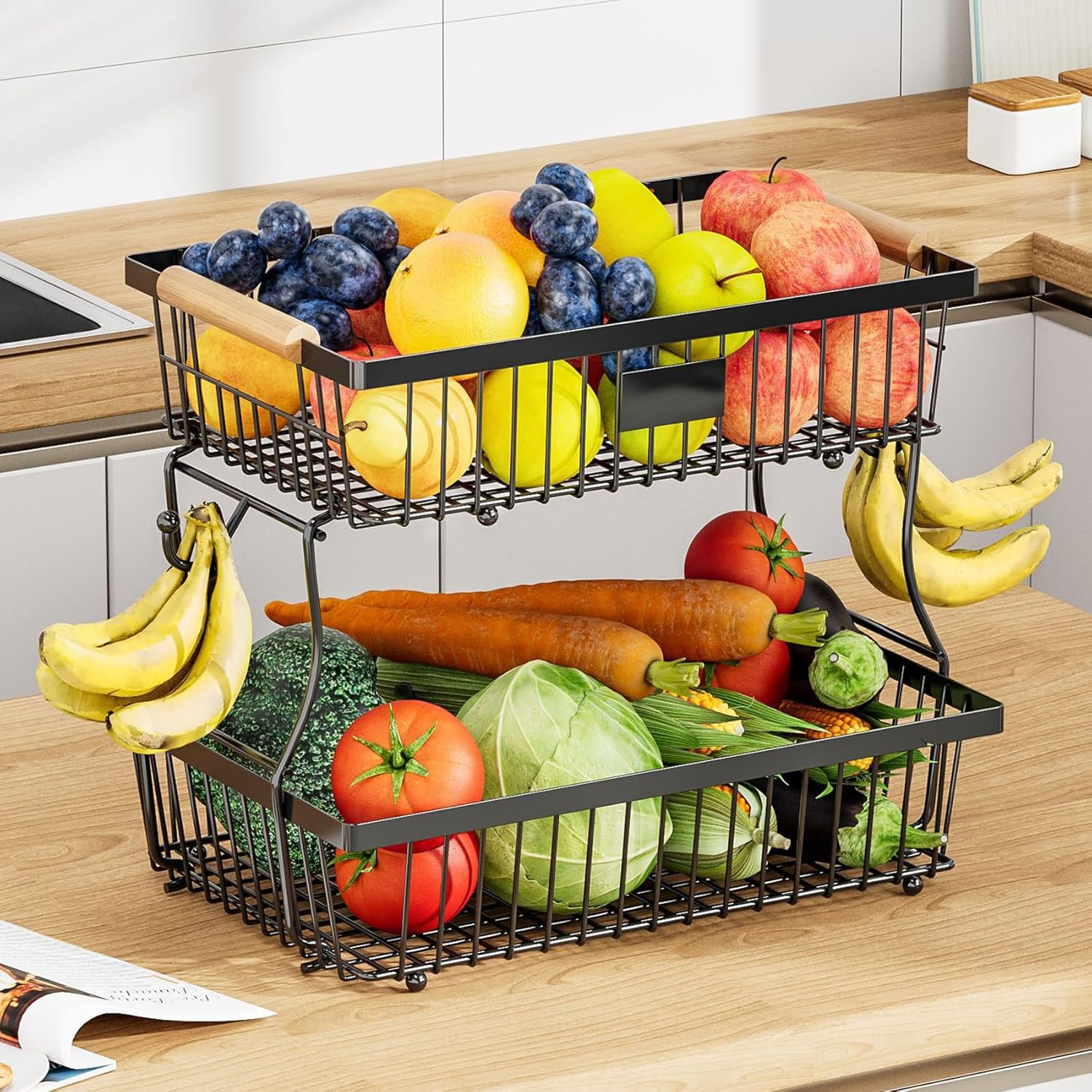 2-Tier Fruit Basket, Detachable Vegetable Basket Bowl with 2 Banana Hangers, Kitchen Countertop Fruit Stand Holder, Metal Wire Storage Organizer for Bread Snack Veggies Produce, Black 41*24*29Cm image number 3