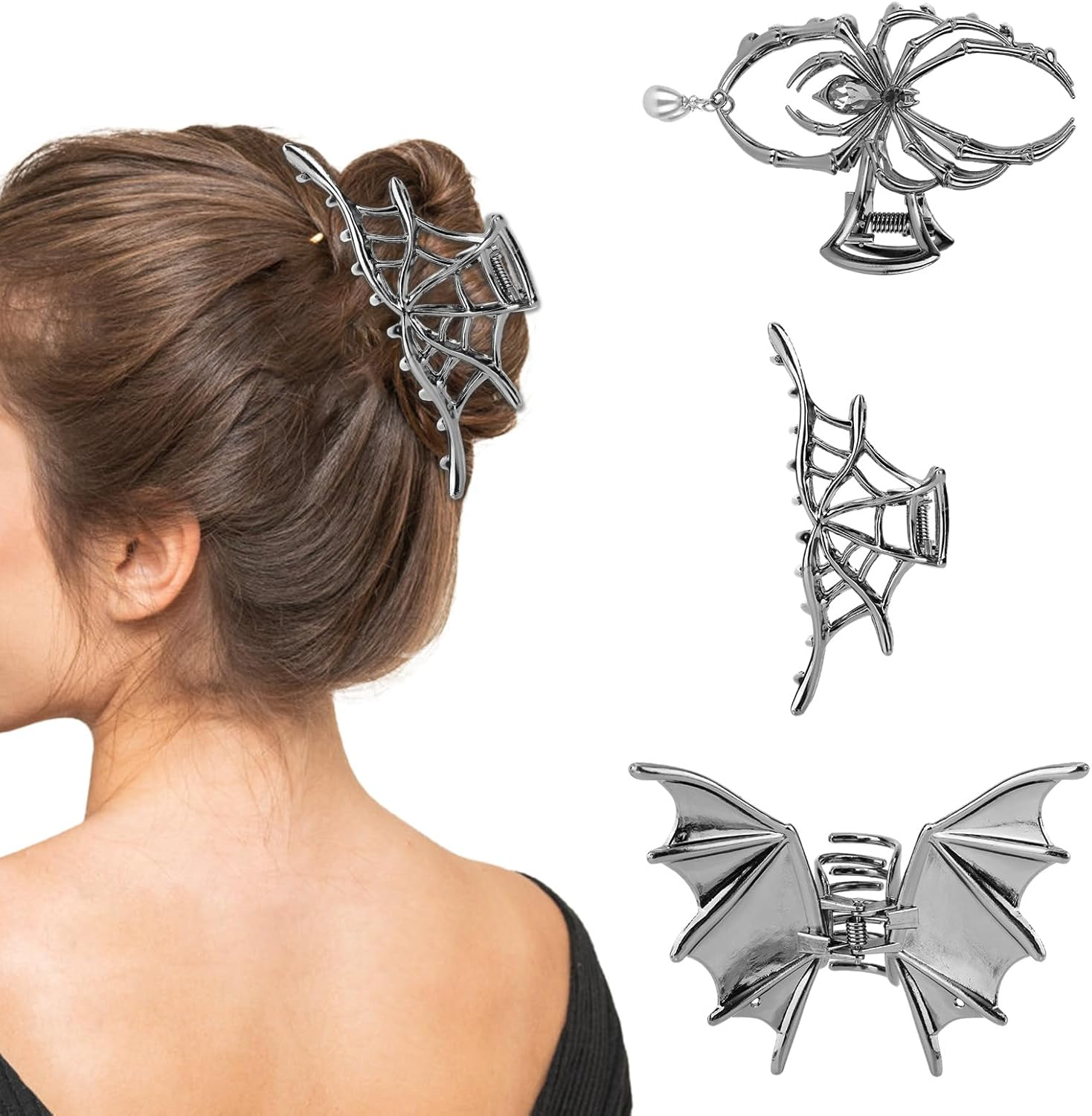 Fukaisu 3 Pcs Halloween Hair Claw Clips for Women & Girls, Gothic Metal Hair Accessories with Hollow Design Spider Web Bat Spider Claw Clips for Halloween Party Cosplay image number 6
