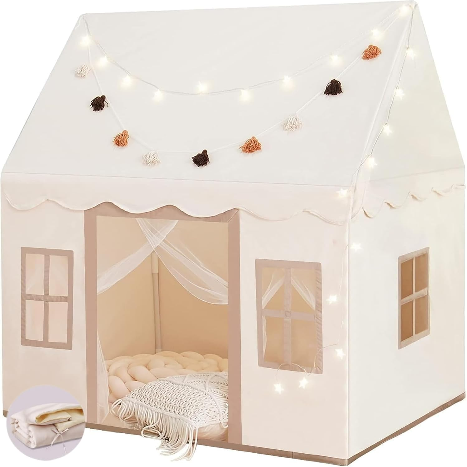 Large Kids Play Tent with Mat, Play Tent Indoor with Star Lights, Flag and Windows, Playhouse for Boys and Girls Aged 3, Kid Tent with Mat Washable (Pink)