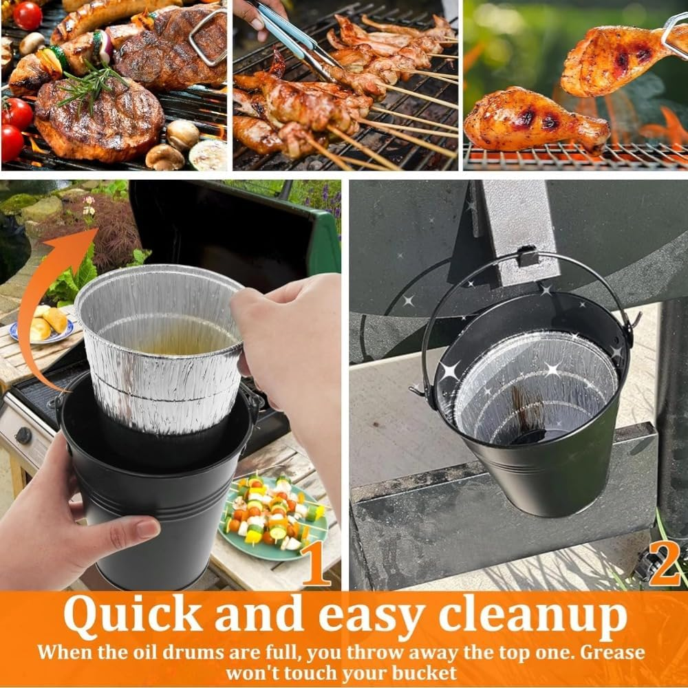 Poemtian Grease Bucket with 12-Pack Disposable Foil Liner, Rust-Proof Iron Alloy Drip Grease Can Tin Liners Replacment Drip Smoker Bucket Liners, Drip Tray Grease Bucket image number 4