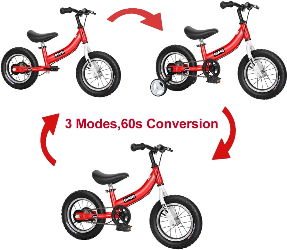 Qiani Balance Bike 2 in 1 for Toddlers,Kids 2-7 Years Old,Balance to Pedals Bike,12 14 16 Inch,With Removable Pedals,Training Wheels,Adjustable Seat,Brake,Red Blue Pink