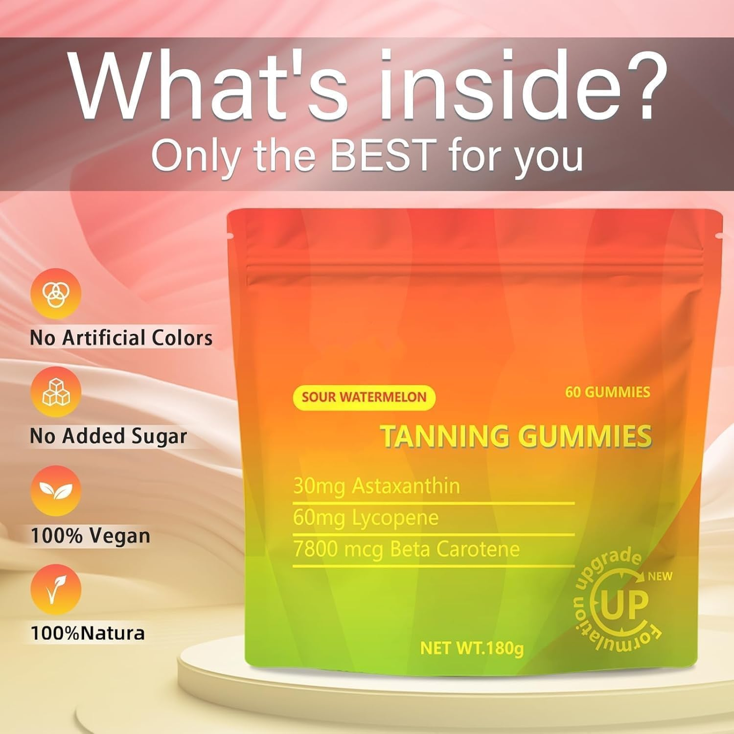 Tanning Gummie, Tanning Gummies for Skin Glow & Health - Vegan, Non-Gmo, with Astaxanthin, Lycopene & Beta Carotene, 60 Gummies for a Natural, Long-Lasting Tan - 1 Bag image number 2