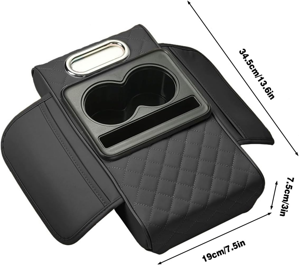 AIMALL Car Armrest Pad with Storage Box and Cup Holders, Lift Console Cushion Support Organizer with Tissue Holder and Phone Slot for SUV Sedan Interior Comfort