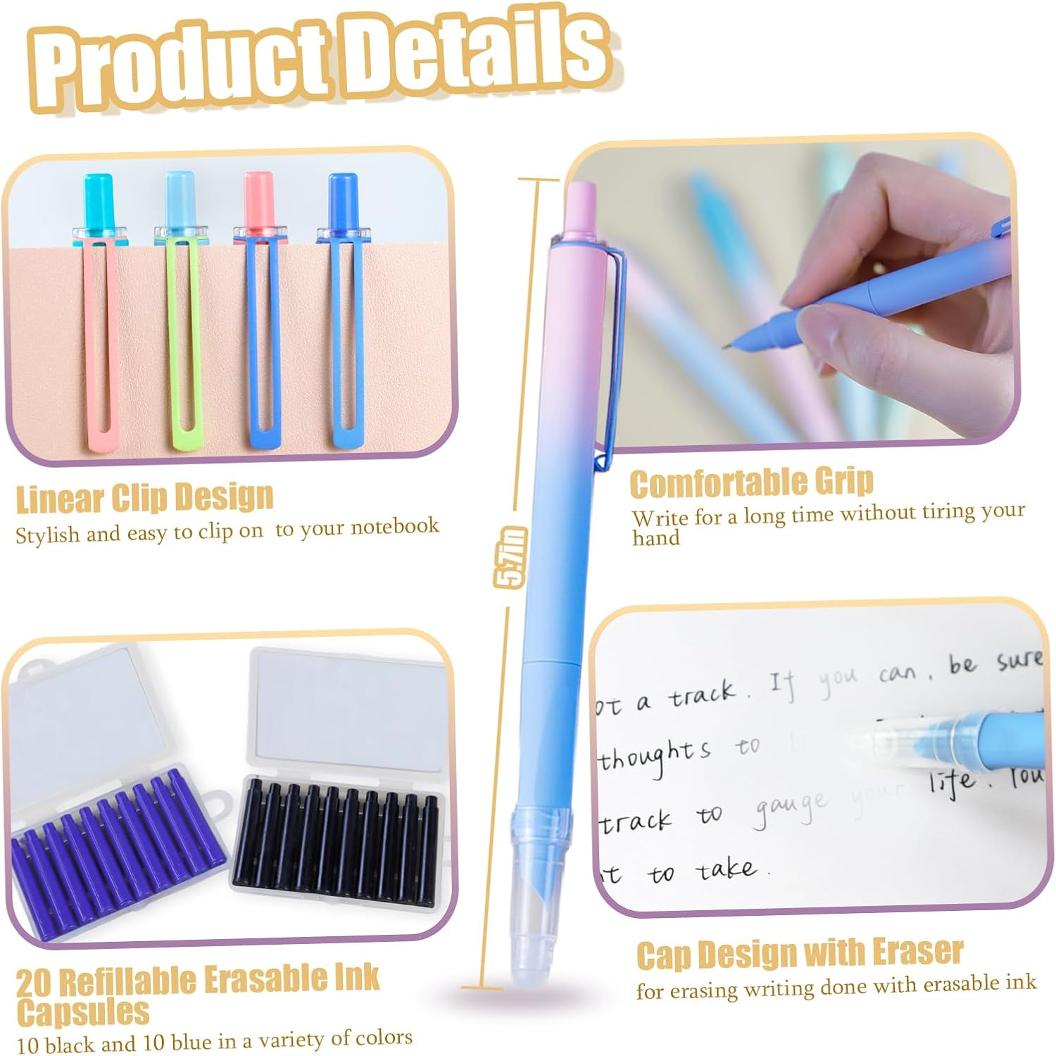 YRYUNRUI 8Pcs Retractable Fountain Pens with 20Pcs Erasable Ink Sacs, Refillable Fountain Pen for Writing, Smooth Writing Quick-Drying Flex Nib Fountain Pens for Calligraphy Journaling Office School image number 2