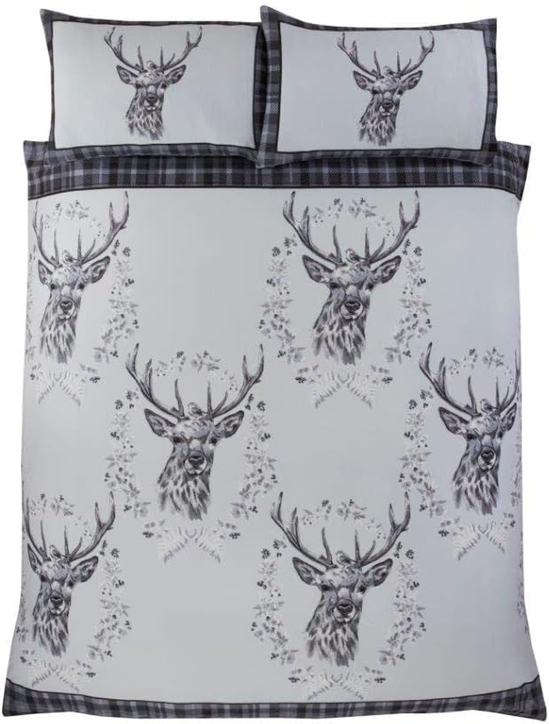 Rapport Home 100% Brushed Cotton Flannelette Angus STAG Winter Duvet Quilt Cover Bedding Set (Single, Grey)