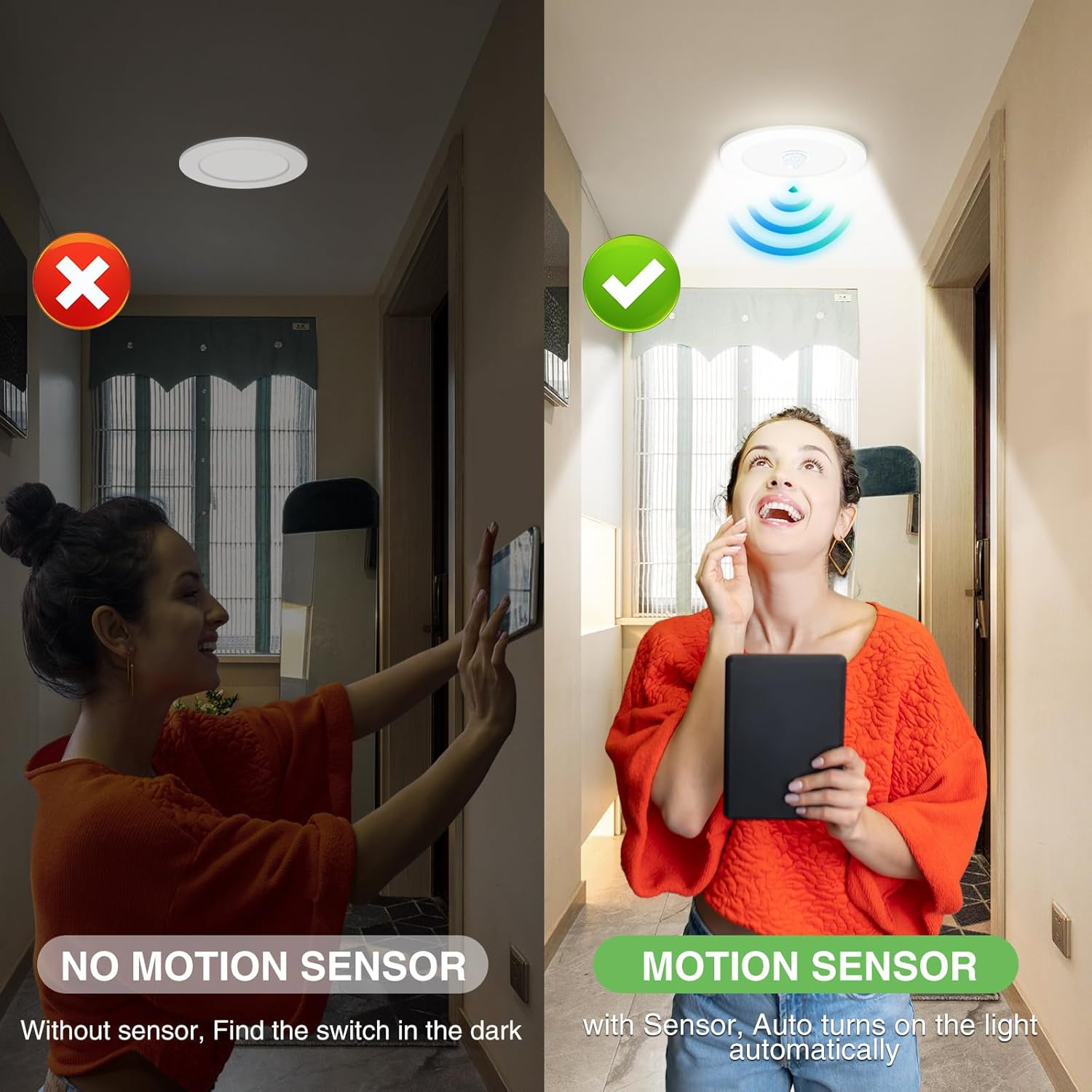 ALUSSO LIGHTING LED Recessed Ceiling Light with Motion Sensor, 12W 90-100Mm Cutout 3000K Warm/4000K Neutral/6500K Cool White Selectable Downlight, IP44 Waterproof for Balcony Corridor Entrance