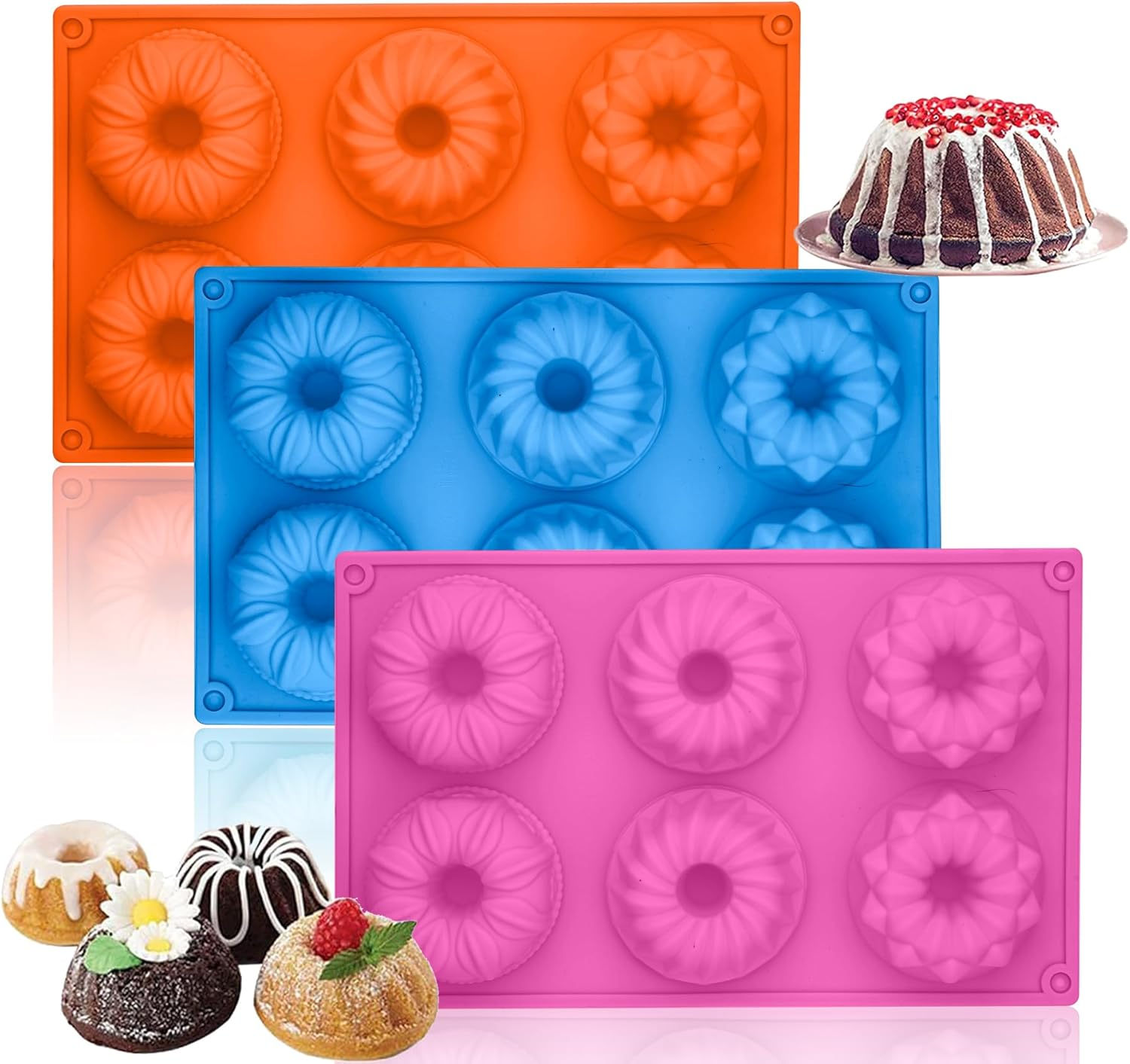 SAGOOITS Silicone Mini Bundt Cake Pans, 6-Cavity Fluted Tube Cake Pan, Non-Stick Silicone Baking Mold for Cupcakes, Donuts, Cornbread, Brownies, Jellies-2 Packs (Pink, Blue)