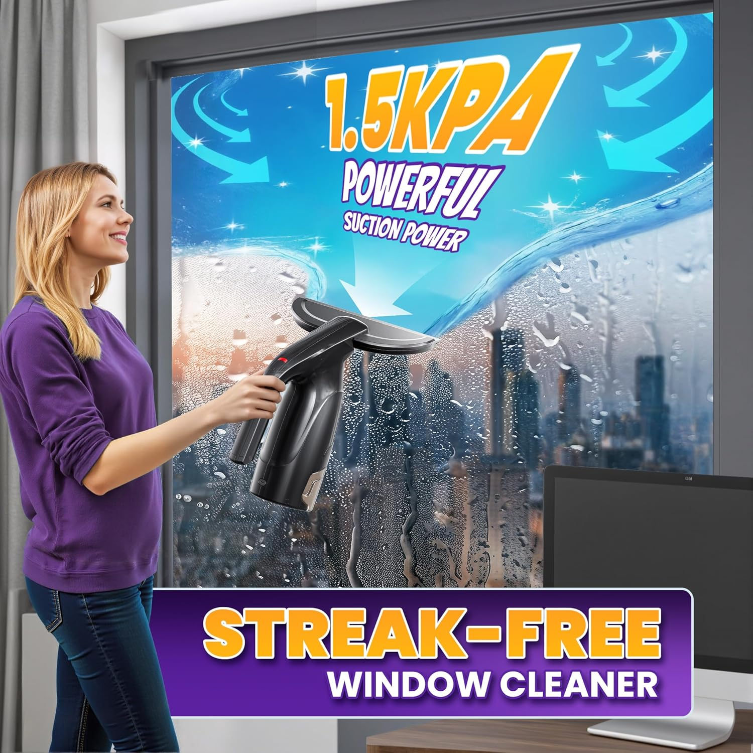 HEY BANK Cordless Window Cleaner Vacuum - Electric Glass Window Vac Squeegee Tool Set, Power Spray Cleaning Machine with Spray Applicator & Microfibre Cloth for Mirrors, Showers,Tiles & Countertops