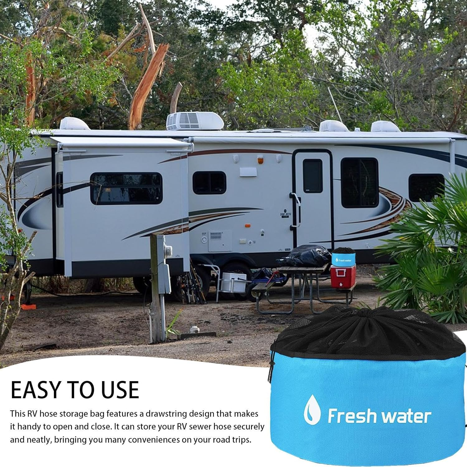 Hose Storage Bag Polyester Fiber Heavy Duty Mesh Bag 46X25Cm Caravan Camping Cable Organizer RV Equipment Storage Bags for Electrical Cords Sewer Hoses, Electrical Cords and Accessories image number 5