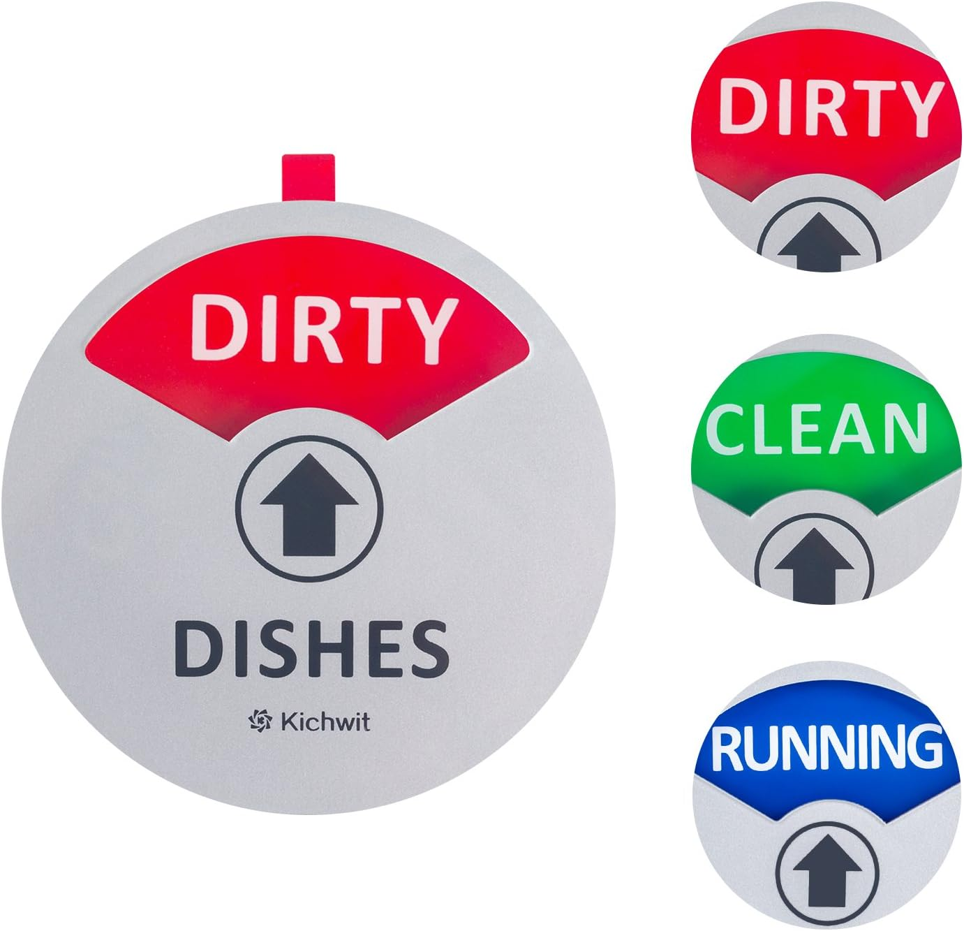 Kichwit Clean Dirty Dishwasher Magnet with the 3Rd Option &ldquo;Running&rdquo;, Perfect for Quiet Dishwashers, Non-Scratch Strong Magnet Backing, Residue Free Adhesive Included, 3.5&rdquo; Diameter, Silver