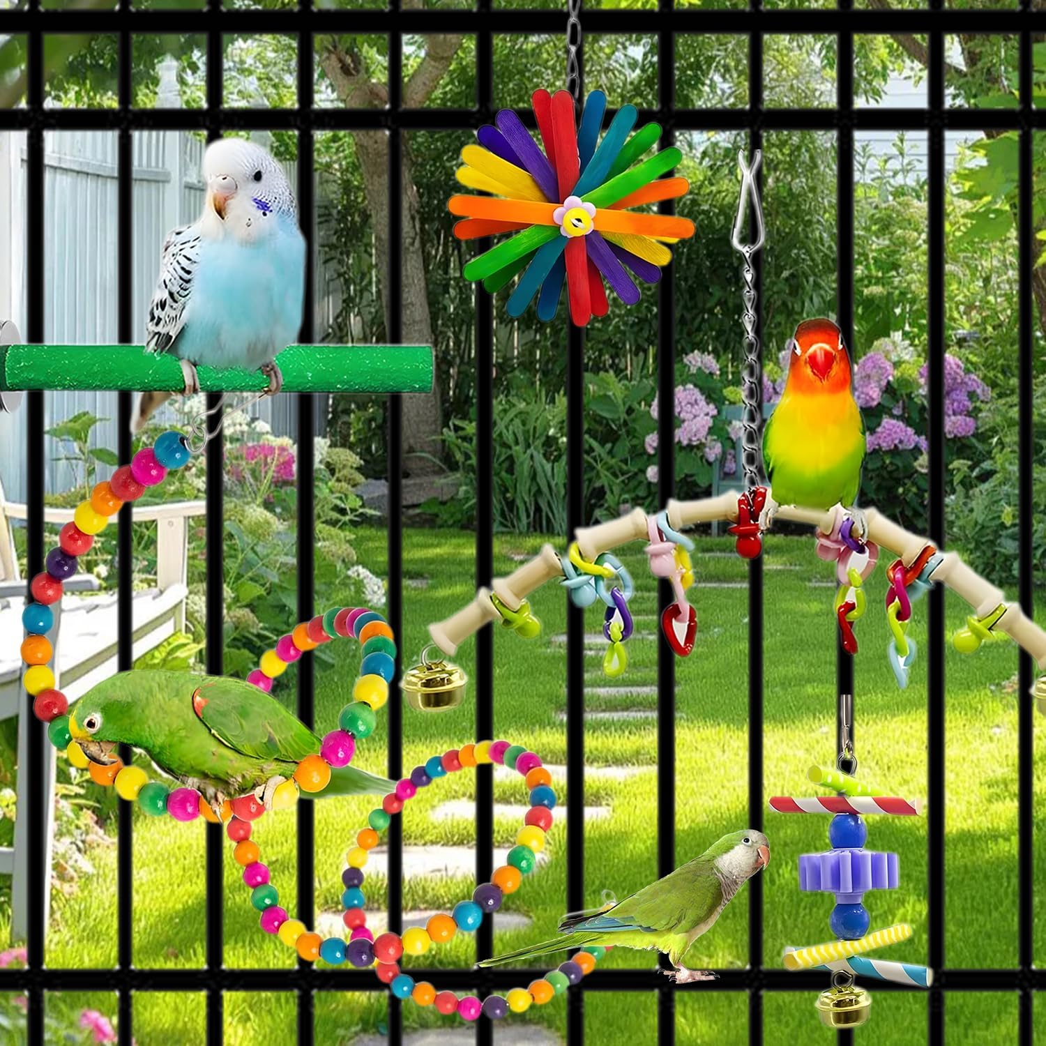 Uandhome Bird Parakeet Toys,15 Pcs Parrot Toys,Parakeets Toy,Birds Ladder Swing,Hanging Bird Toyes for Parrots,Cockatiel Toys for Parakeet,Conure,Finches (Stand) image number 6