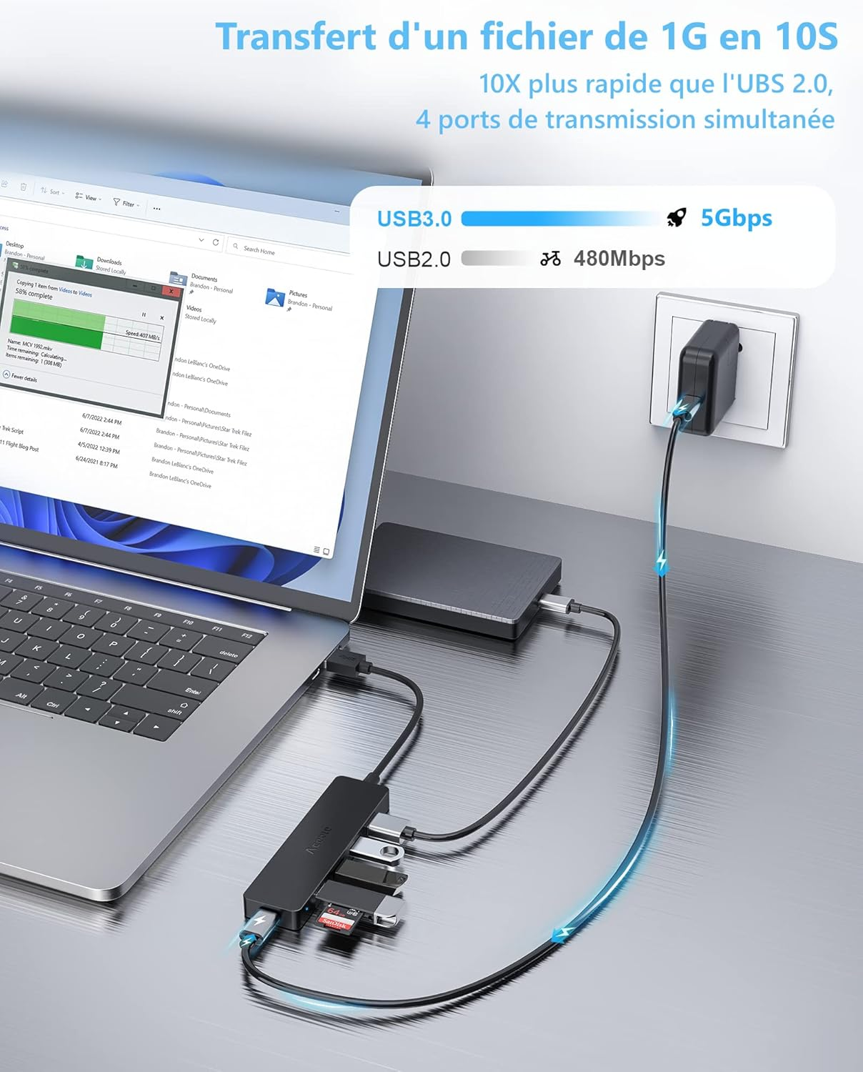 Aceele USB 3.0 HUB 5 Ports (With Power), Ultra-Slim with 4 Data Ports Type 3.0, Superspeed 5Gb/S, Micro USB Power Port, for Macbook Air/Pro, Surface Pro, Dell XPS 15, Flash Drive. image number 2