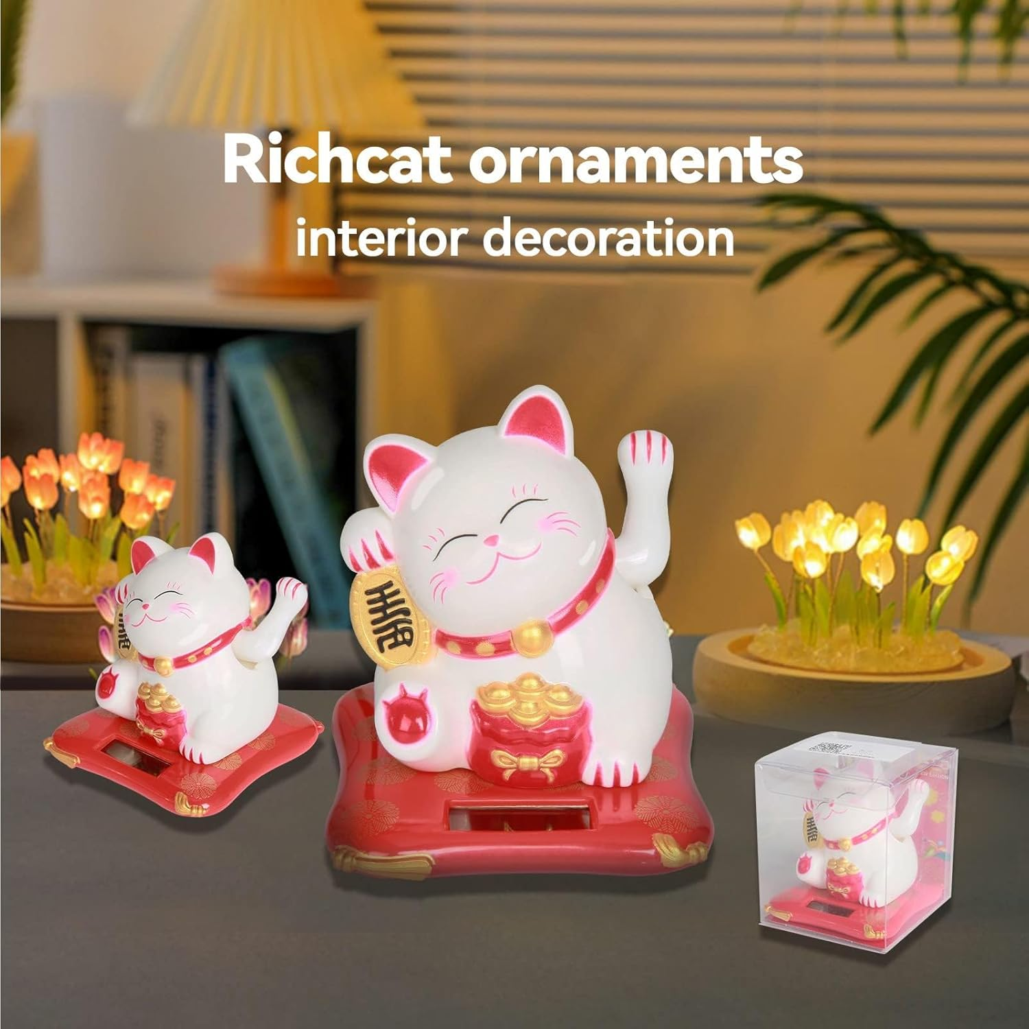Jadeshay Invitating Cat Solar Powered Cute Waving Cat Good Luck Wealth Invitating Cats Home Car Decoration (White)