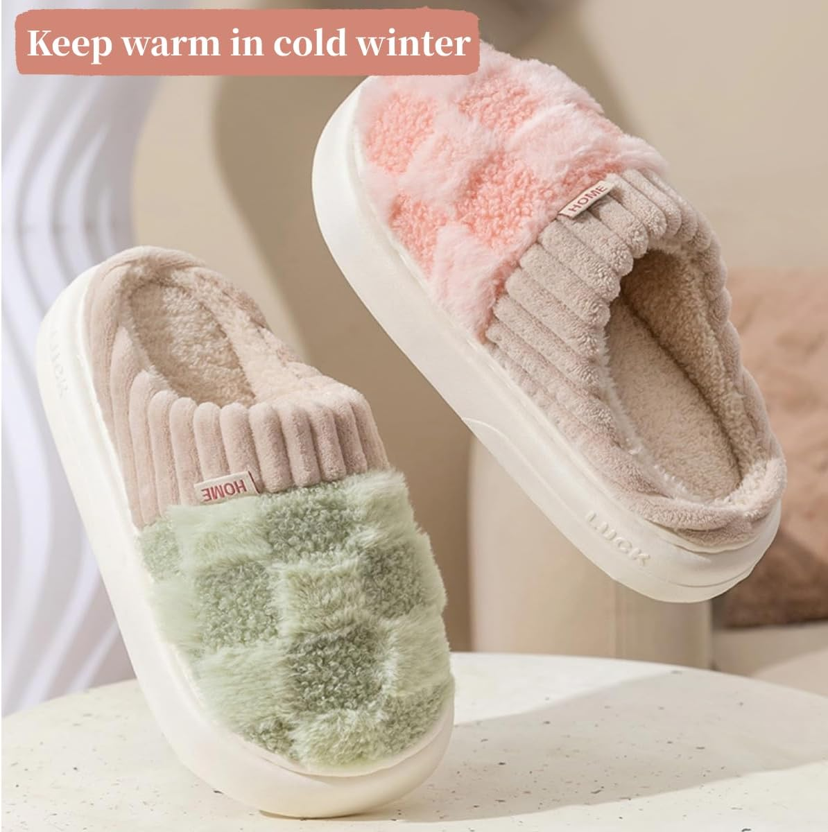 Checkered Slipper House Slippers for Women Men Plush Warm Fuzzy Slippers Flyffy Bedroom Shoes Indoor Slip On image number 5