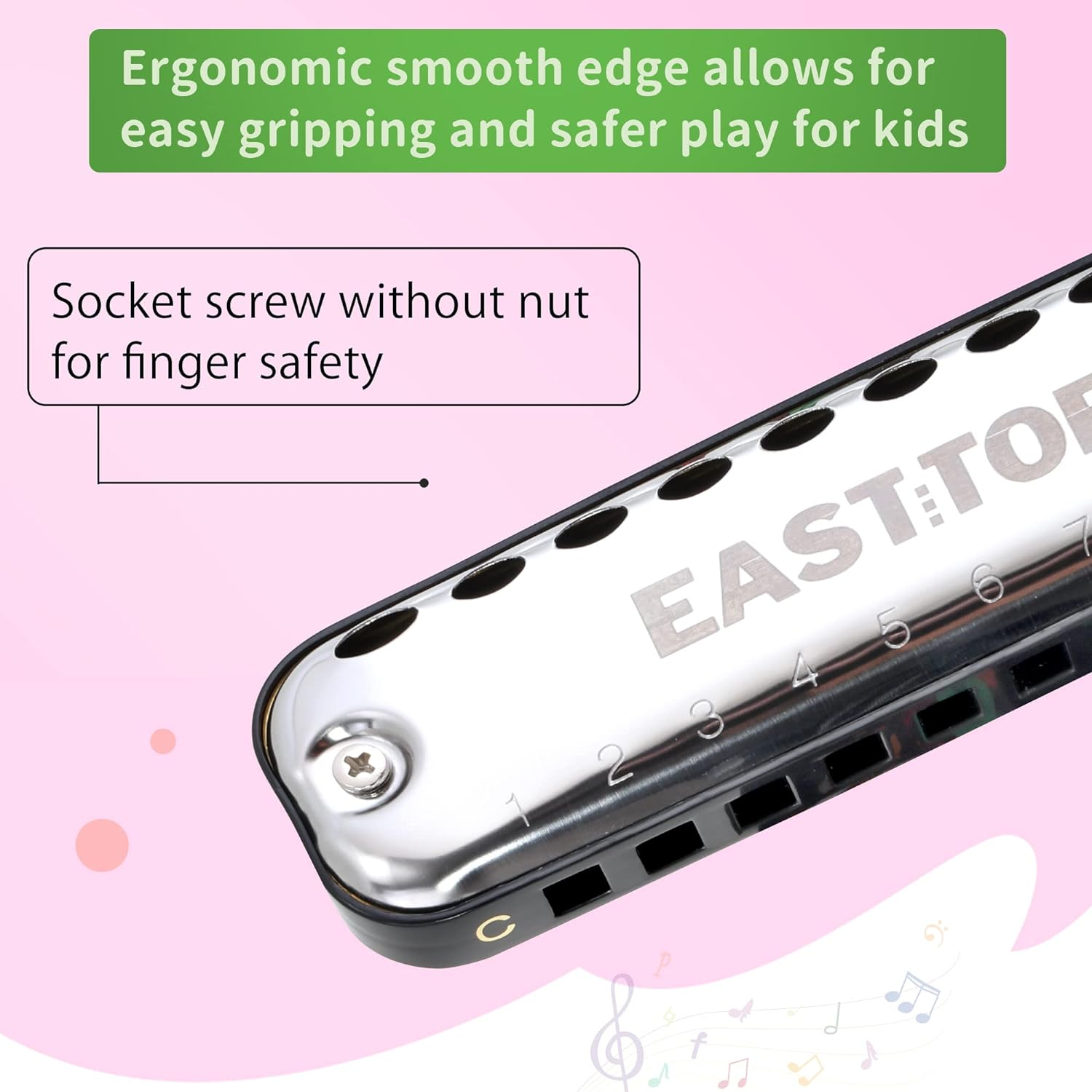 EAST TOP Junior Harmonica,Smoothly Rounded Edge 10 Holes C Key Blues Mouth Organ Harmonica for Kids and Children as Gift,With Fabric Cloth Pouch,Colourful Box, Black image number 4