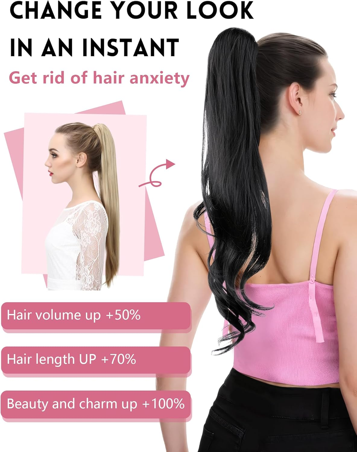 Flexible Wrap around Ponytail Hair Extensions Long Wavy Curly Hair Extensions Natural Ponytail Fake Pony Tail Natural Black Synthetic Ponytails Hairpiece for Women Daily Use Black image number 3