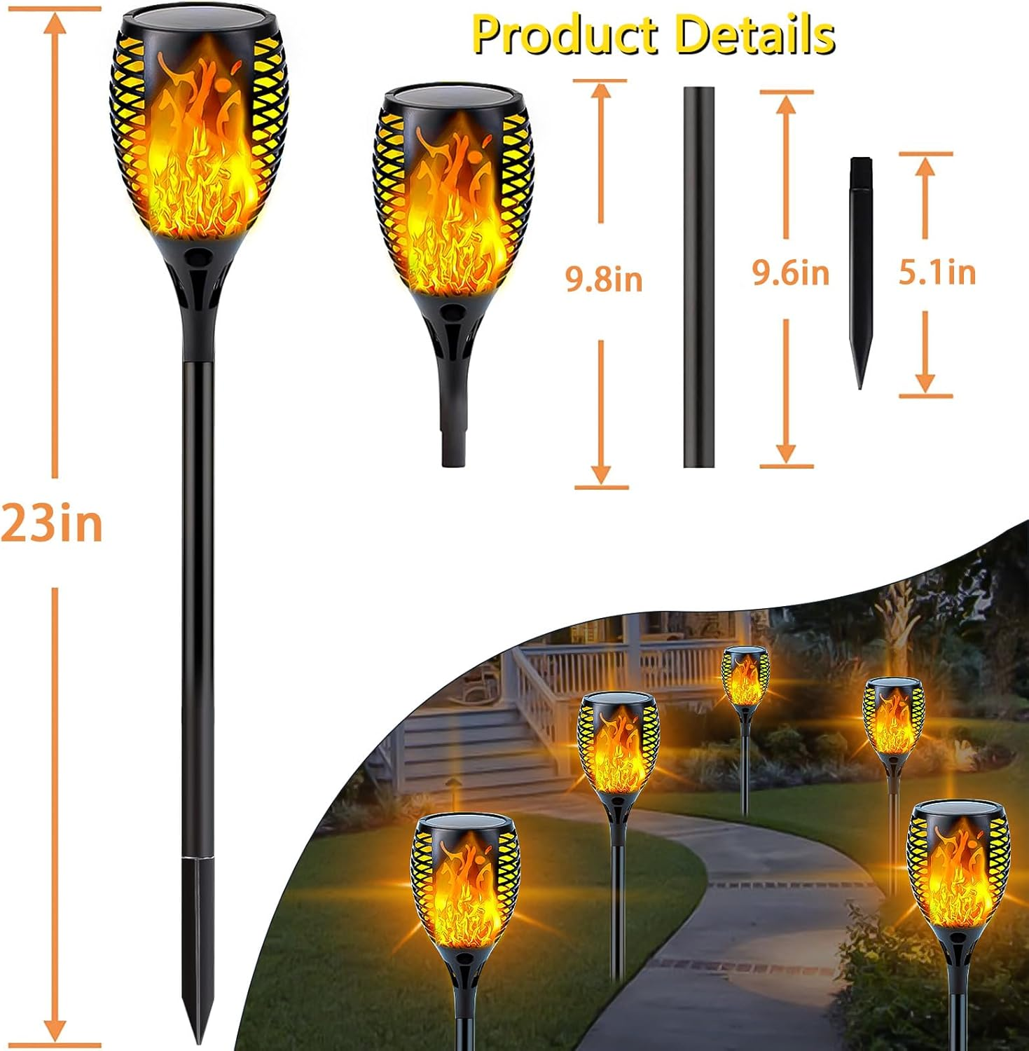 SANJICHA 4 Pack Super Larger Size Solar Flame Torch Extra Bright Tiki Lights Outdoor Decorative with Flickering Flame, Solar Outdoor Lights Waterproof Lamps for Outdoor Use Garden Pathway Yard
