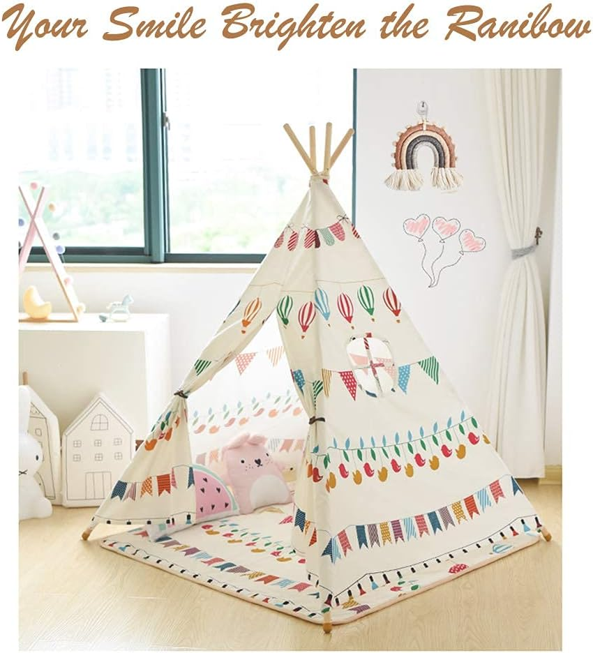 Rainbow Macrame Wall Hanging, Nursery & Home Wall Decor, Bohemian (Pom Pom Trim, 5X5.5X0.39In)