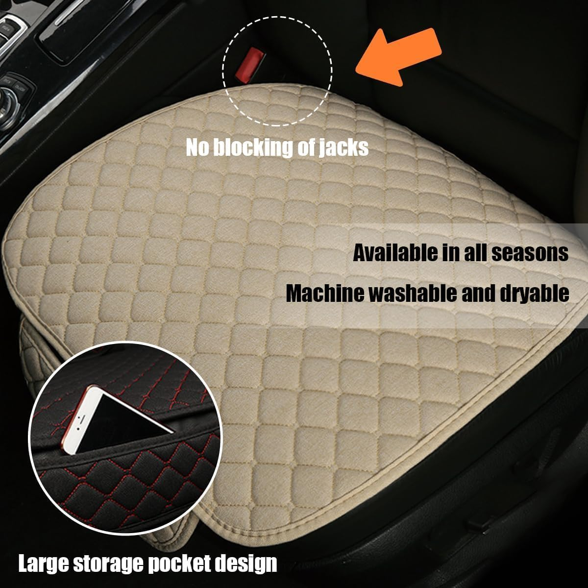 1Pc Car Front Seat Cover Cushion Pad with Storage Pocket,Car Seat Front Pad Auto Seat Protector Pad with Storage Pocket,Beige image number 2