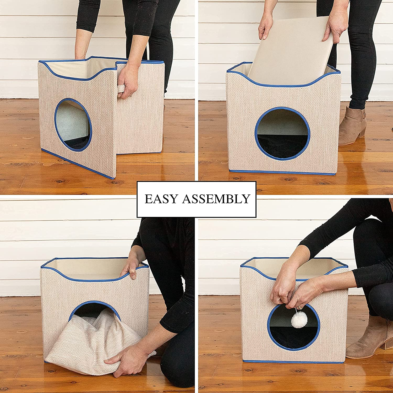 Cat Cube Pet Bed Indoor House for Cats Small Dogs Flatpack Easy to Assemble Has a Dark Blue Trim 2 Soft Toys Included a Mouse and Ball from Paton Pets Australia image number 6