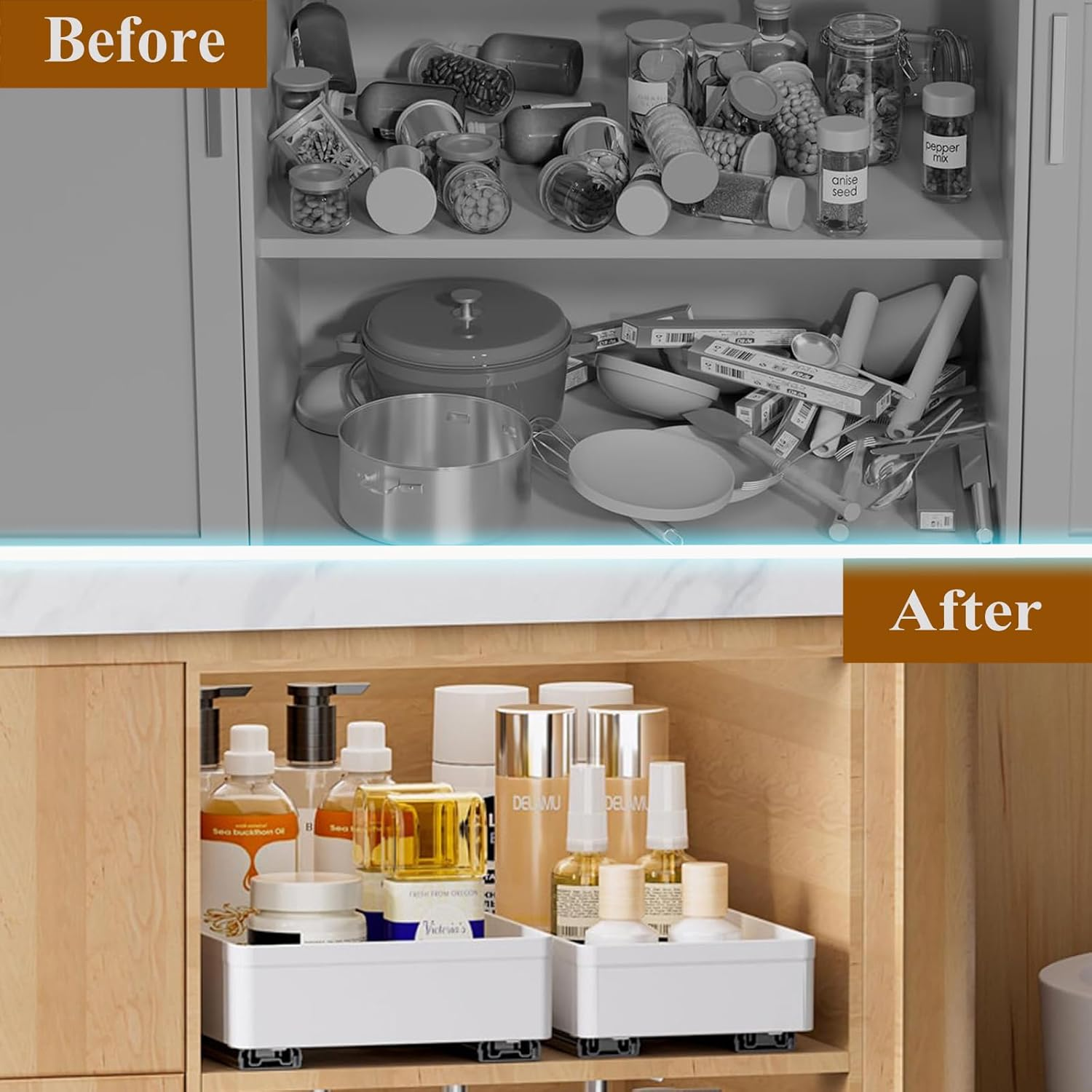 GMYMTM 3 Pack Pull Out Cabinet Organiser, 3 Sizes Slide Out Drawers for Cabinets 15.7" Deep for Kitchen Cabinets, Bathroom Cabinet Organiser, Pantry, White