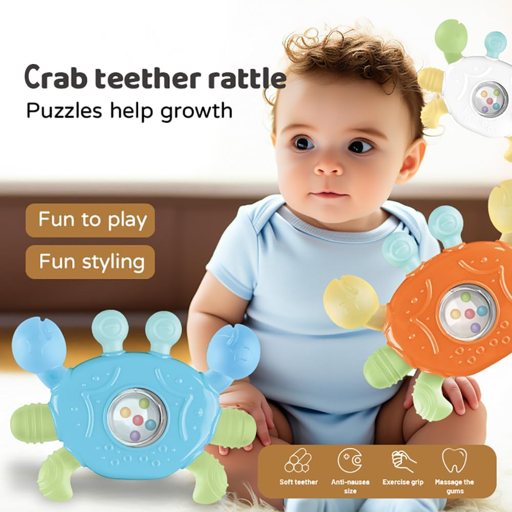Itreatu Crab Baby Teether Toy, Soft Baby Teething Toys with Rattle, Easy-Grip Dummy Teether for 3-12 Months, Soothing Infant Toy for Teething Pain Relief (Blue) - White image number 4