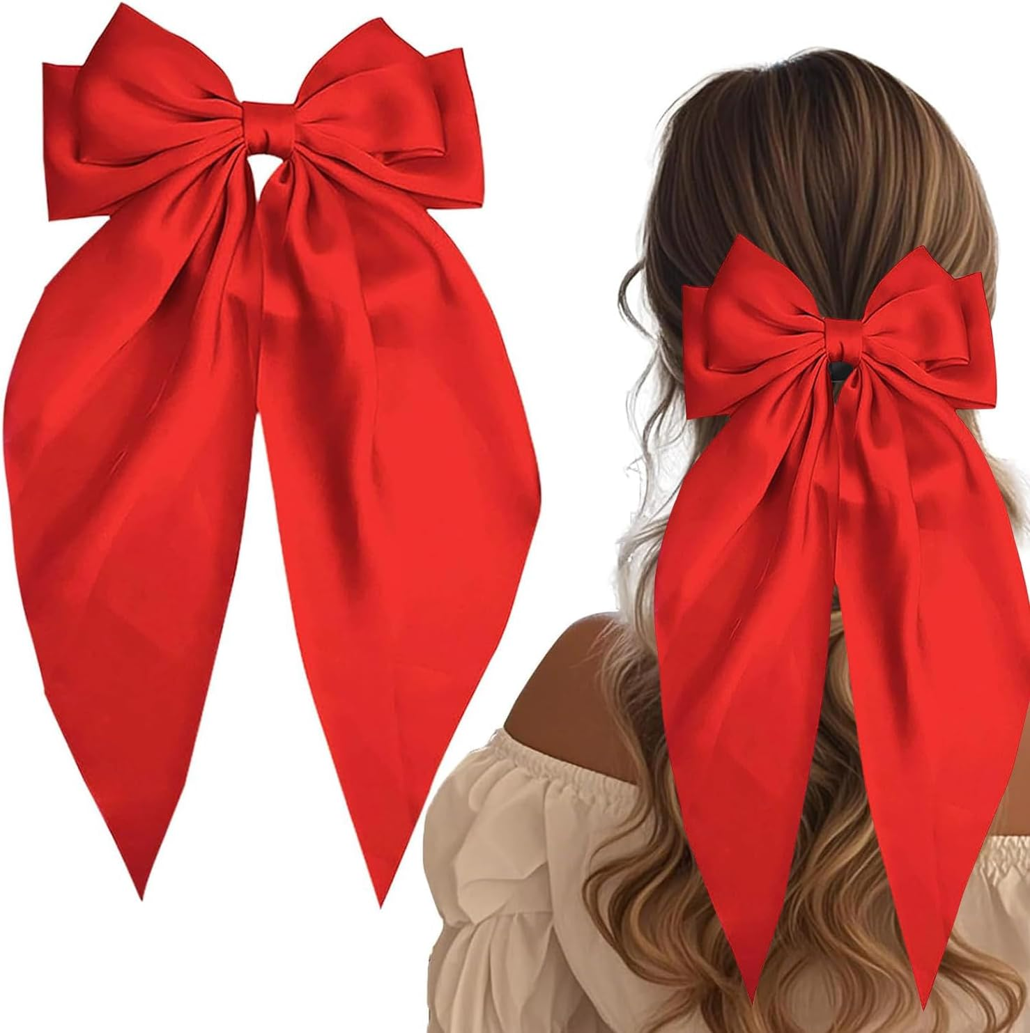 Pack of 1 Bow Hair Clip, Big Bowknot Hairpin with Long Silky Satin, Plain French Barrette for Women and Girls (Wine Red)