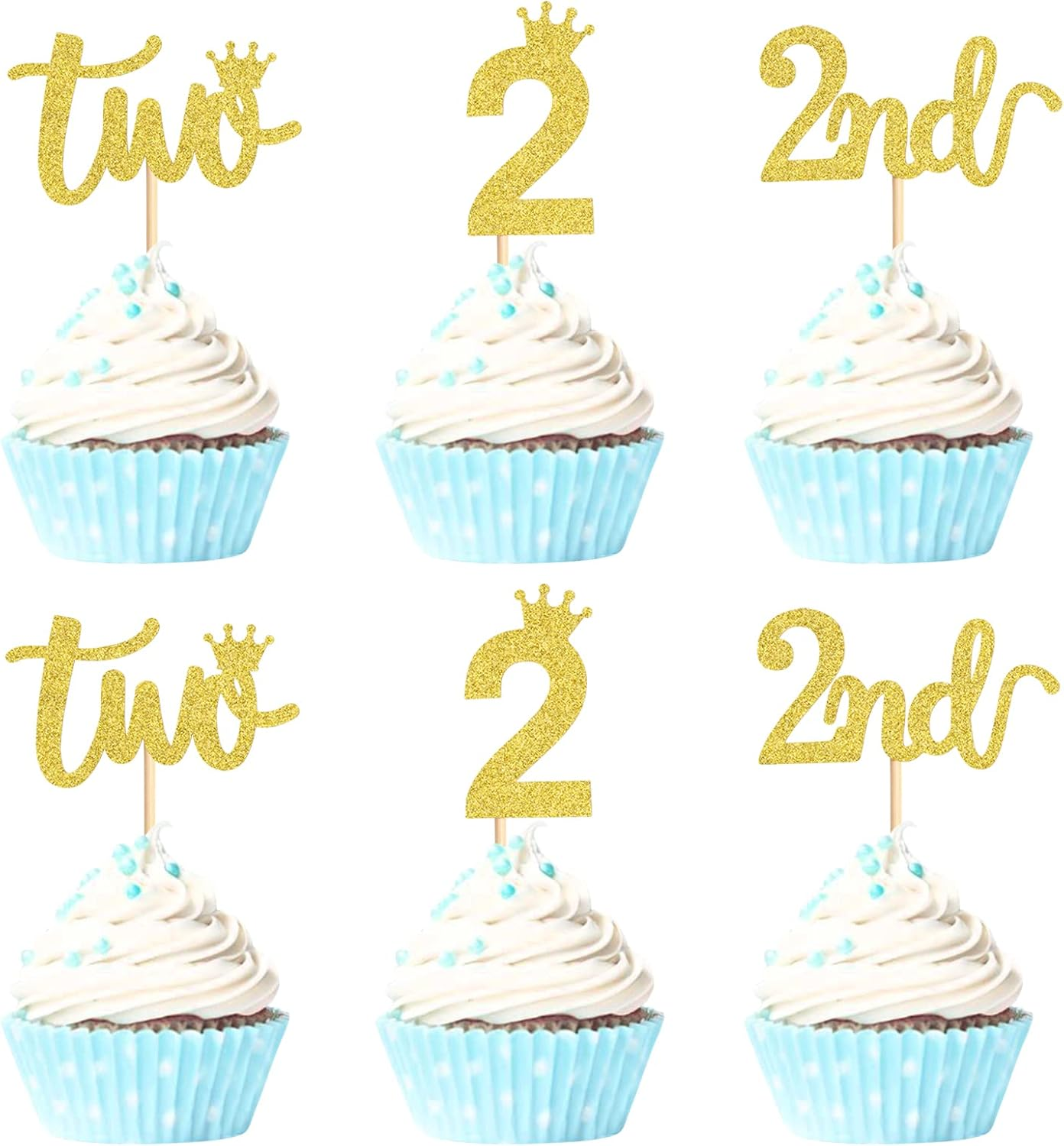 24PCS 2Nd Crown Birthday Cupcake Toppers Two Birthday Two Cupcake Picks Baby Shower Theme Prince Crown Party Cake Decorations Supplies Gold