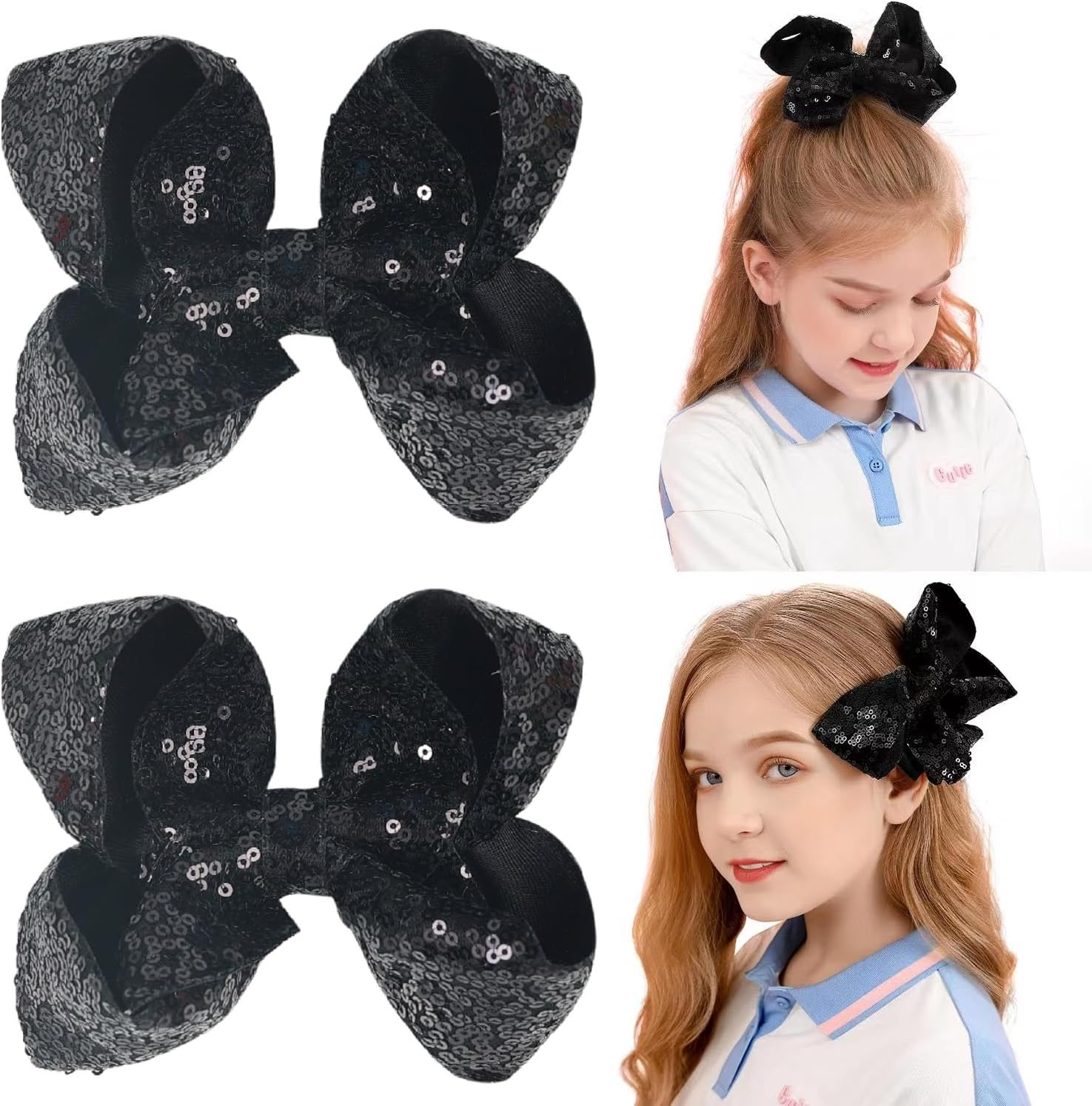 6 Inch Blue Sparkly Glitter Sequin Hair Bows for Girls Toddlers Kids Children Teenage (2PCS)