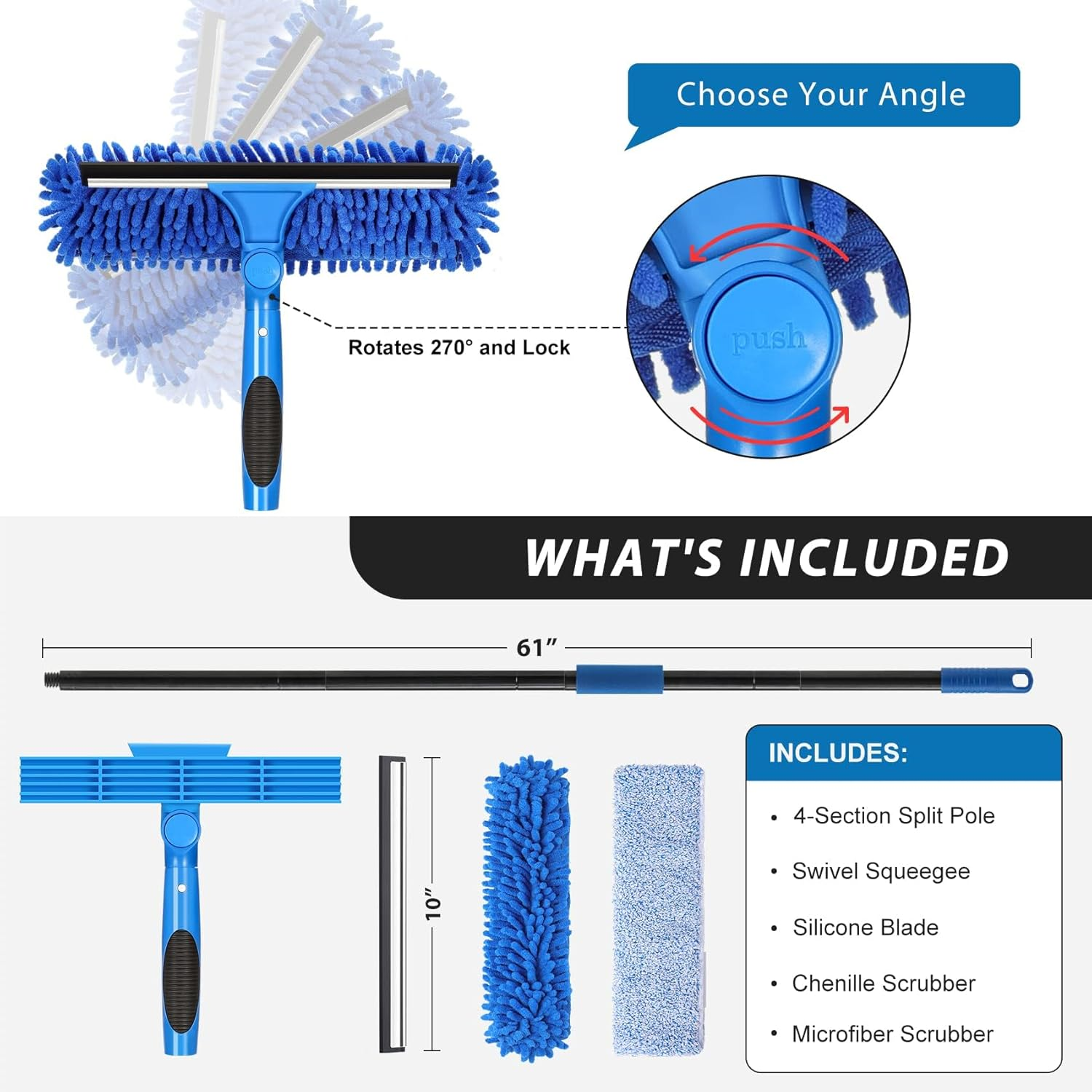 Professional 69'' Window Squeegee Cleaner Tool with Extension Pole, 2-In-1 Squeegee for Window Cleaning Kit with Scrubber and Rotating Head, 1 Blade 2 Scrubber (Blue) image number 4