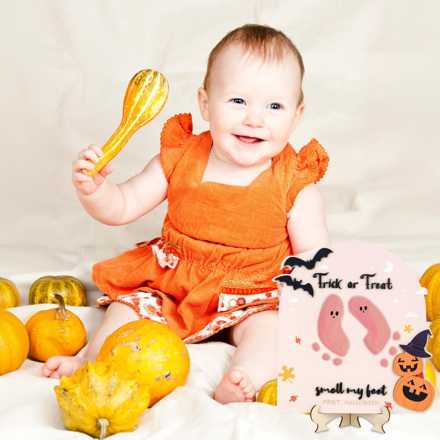 Baby'S First Halloween Footprint Wooden Milestone Card, Trick-Or-Treat Baby Footprint Sign Cute Pumpkin Decorative Halloween Keepsake DIY Craft Art Nursery Decorations image number 3