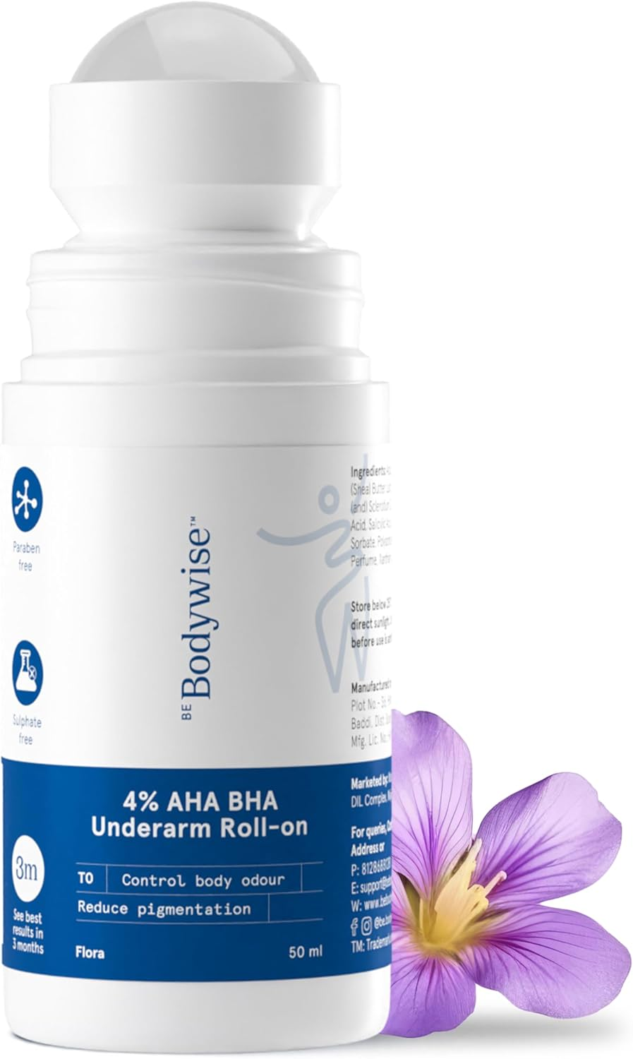 Be Bodywise 4% AHA BHA Underarm Roll on | with 2% Lactic Acid, 1% Mandelic Acid, 1% Salicylic Acid | Prevents Odour, Reduces Pigmentation | for Radiant Underarms | Suitable for Sensitive Skin | 50Ml
