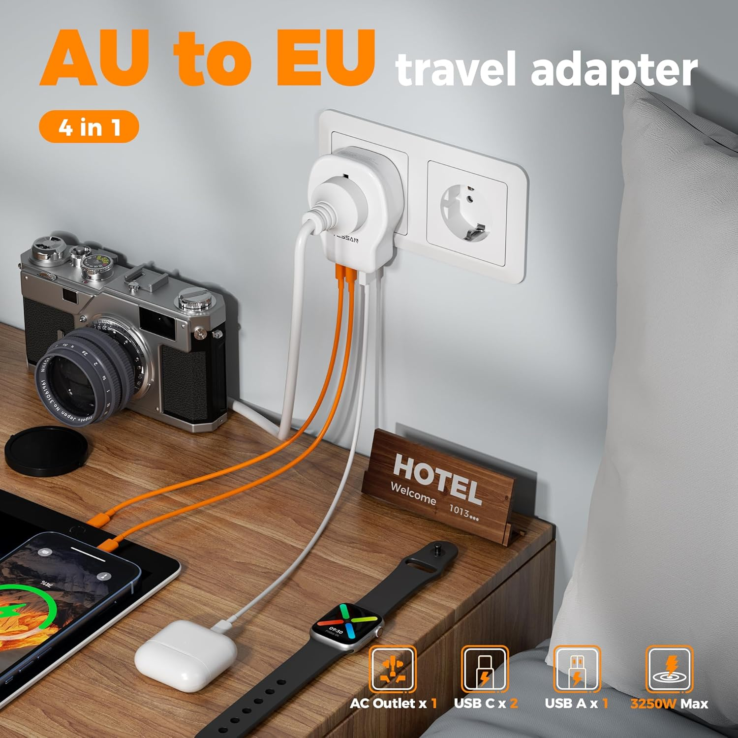 TESSAN Europe Travel Adaptor, AU to EU Travel Adapter with 3 USB Ports (2 USB-C 20W), AUS to European Plug Adaptor for Euro Portugal Bali Germany Spain France Greece Iceland, Type E/F image number 5