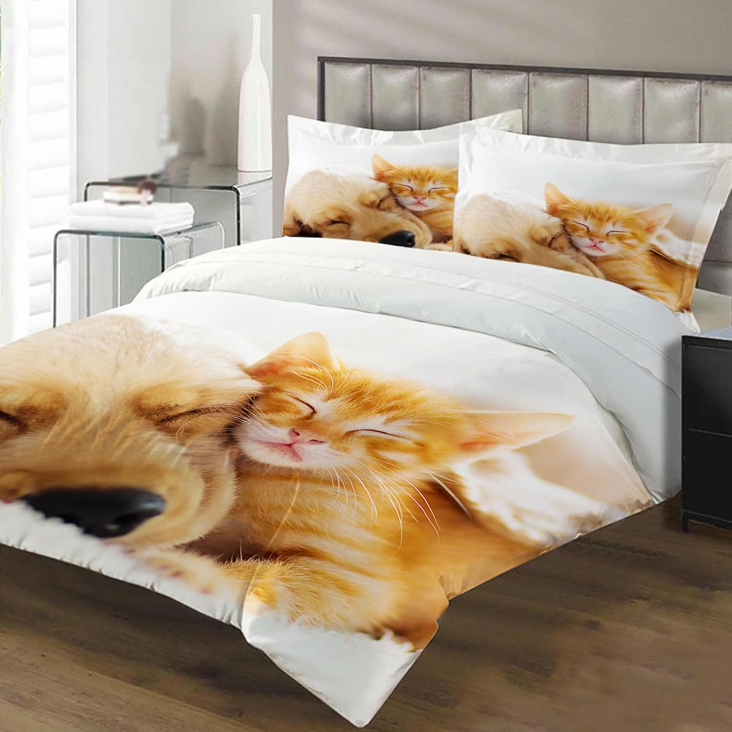 PORJDN Bedding Set Cats and Dogs, Children'S Bedding with Duvet Cover and Pillowcase 65 X 65 Cm. Kitty Pattern Duvet Cover 3D Pet Cat Duvet Cover Set (Cats and Dogs-2, 140 X 200 Cm) image number 4