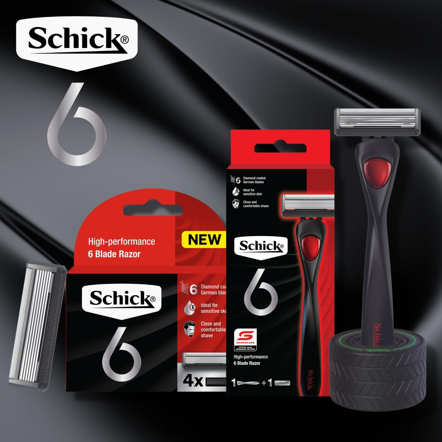 Schick Mens - Schick 6 Razor Kit for Men | 1 Handle with 3 Refills + Free Tyre Stand | 6 Diamond Coated Blades | Ideal for Sensitive Skin | Close and Comfortable Shave image number 2