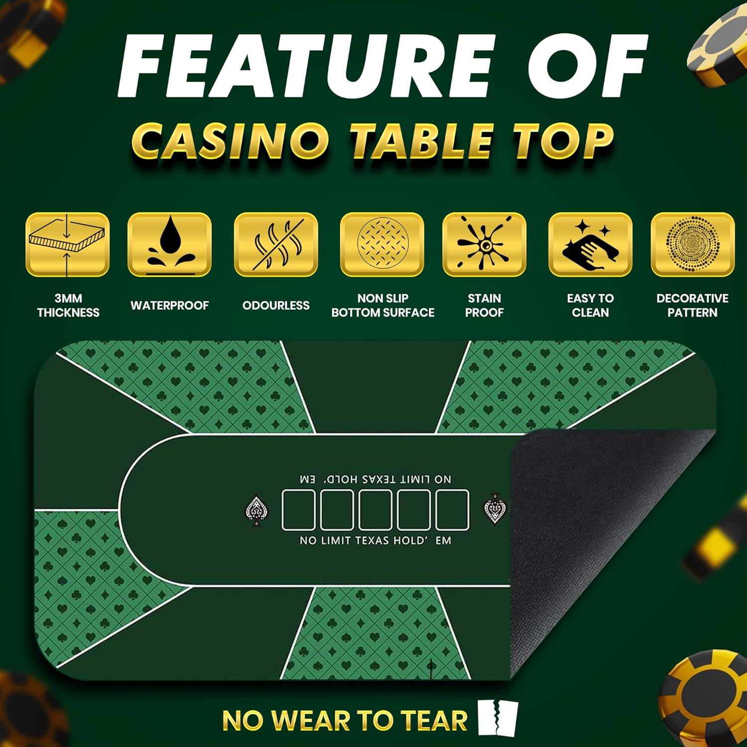 Poker Mat 70 X 35 Inch/180X90Cm - 8-10 Players Texas Hold'Em Poker Rubber Mat Poker Topper for Tables, Folding Portable Poker Table Top with Carrying Bag for Poker Games, Blackjack, Casino (Green) image number 2