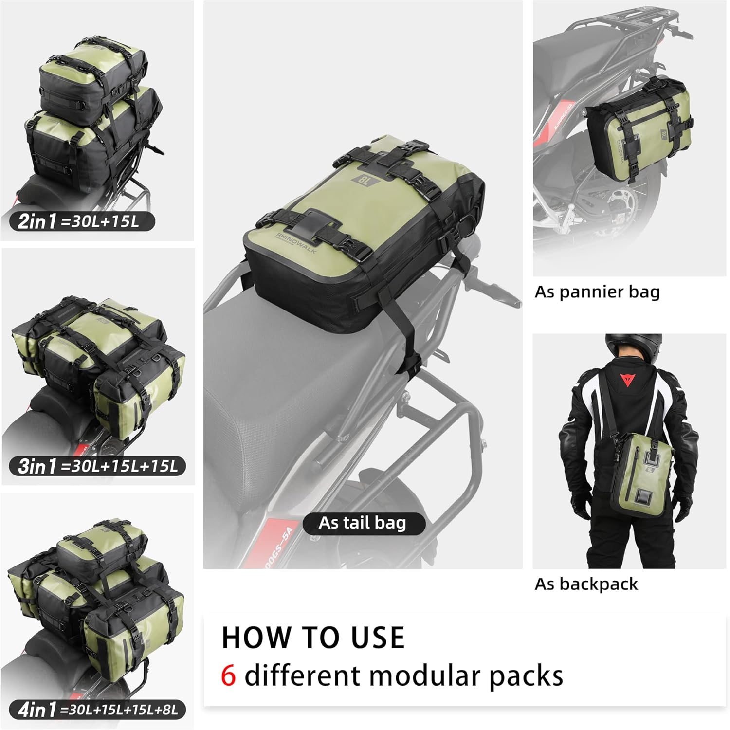 Motorcycle Tail Bag, Rear Seat Bag, Backpack, Luggage - Rhinowalk Multifunctional Waterproof Rear Rack Trunk Seat Bag, Army Green 8L