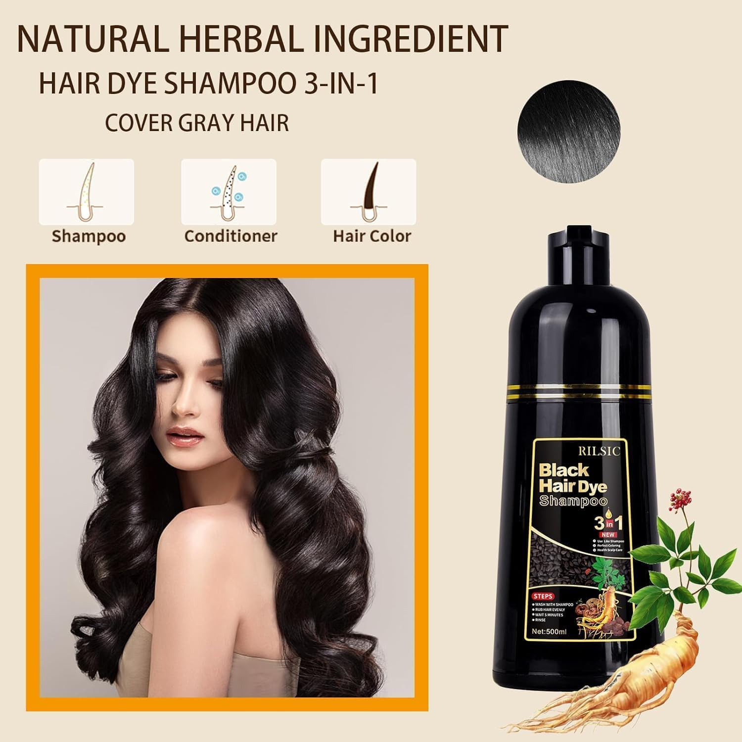 Black Hair Color Shampoo, 500ML Instant Hair Dye Shampoo - 3 in 1 Hair Dye for Grey Hair Coverage - Long Lasting - Natural - Coloring in Minutes for Women Men image number 5
