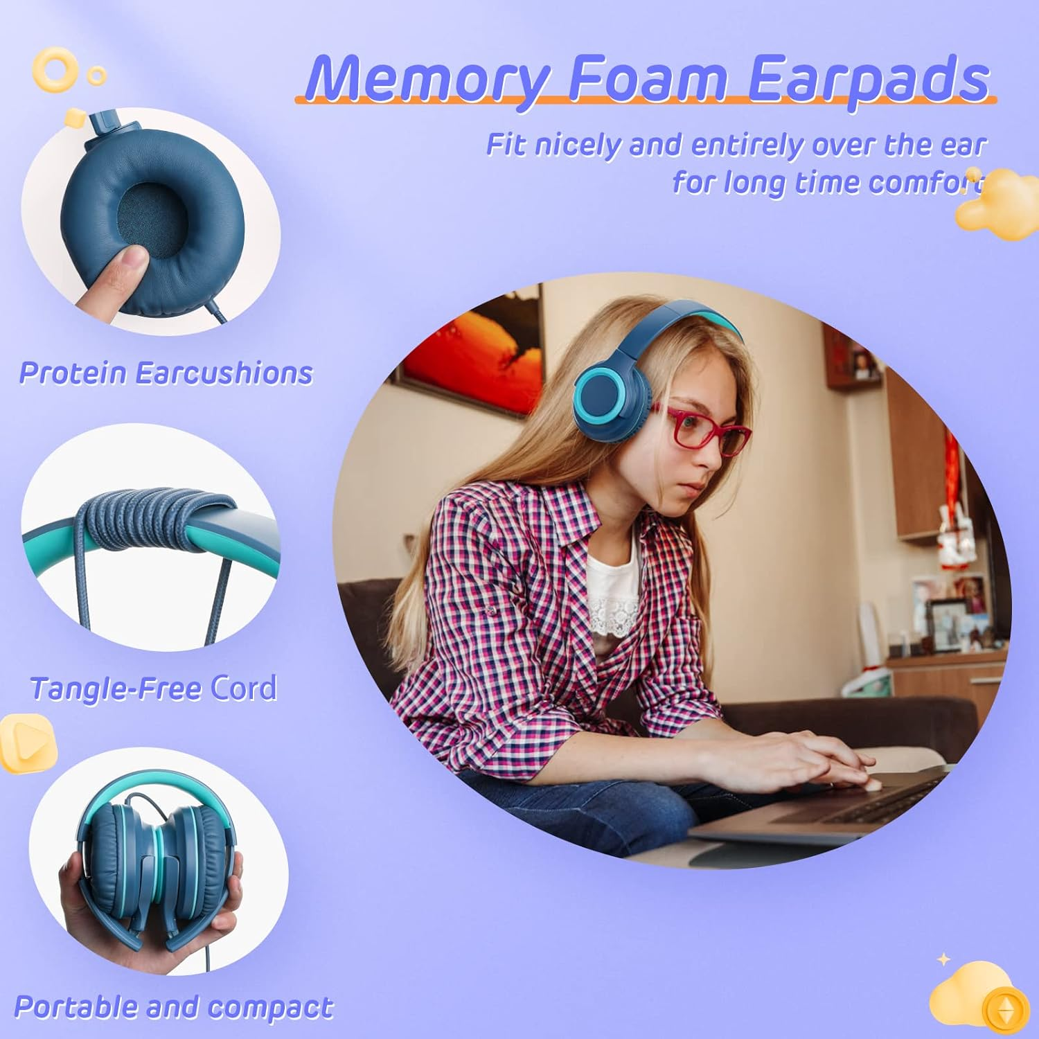 Kids Headphones, Wired Children Headphones with 94Db Safe Volume Control, Foldable Design, Comfortable for Online Learning/School/Travel/Tablet (Blue) image number 3