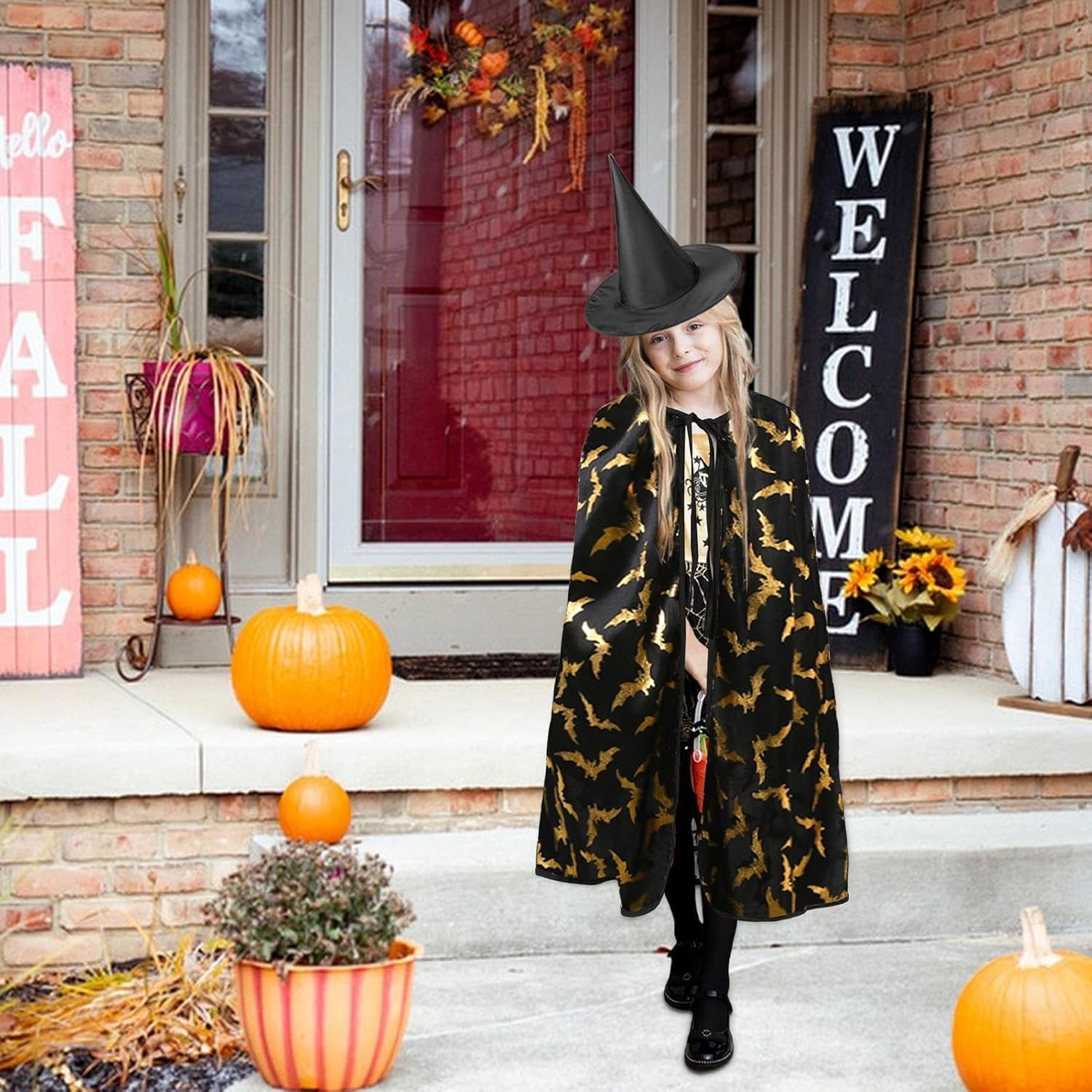 Kids Witch Costume,3X Set Halloween Witch Cape Kids - Exquisite Print Children Tie-Up Clothes for Daily Role-Playing - Ca030 image number 2