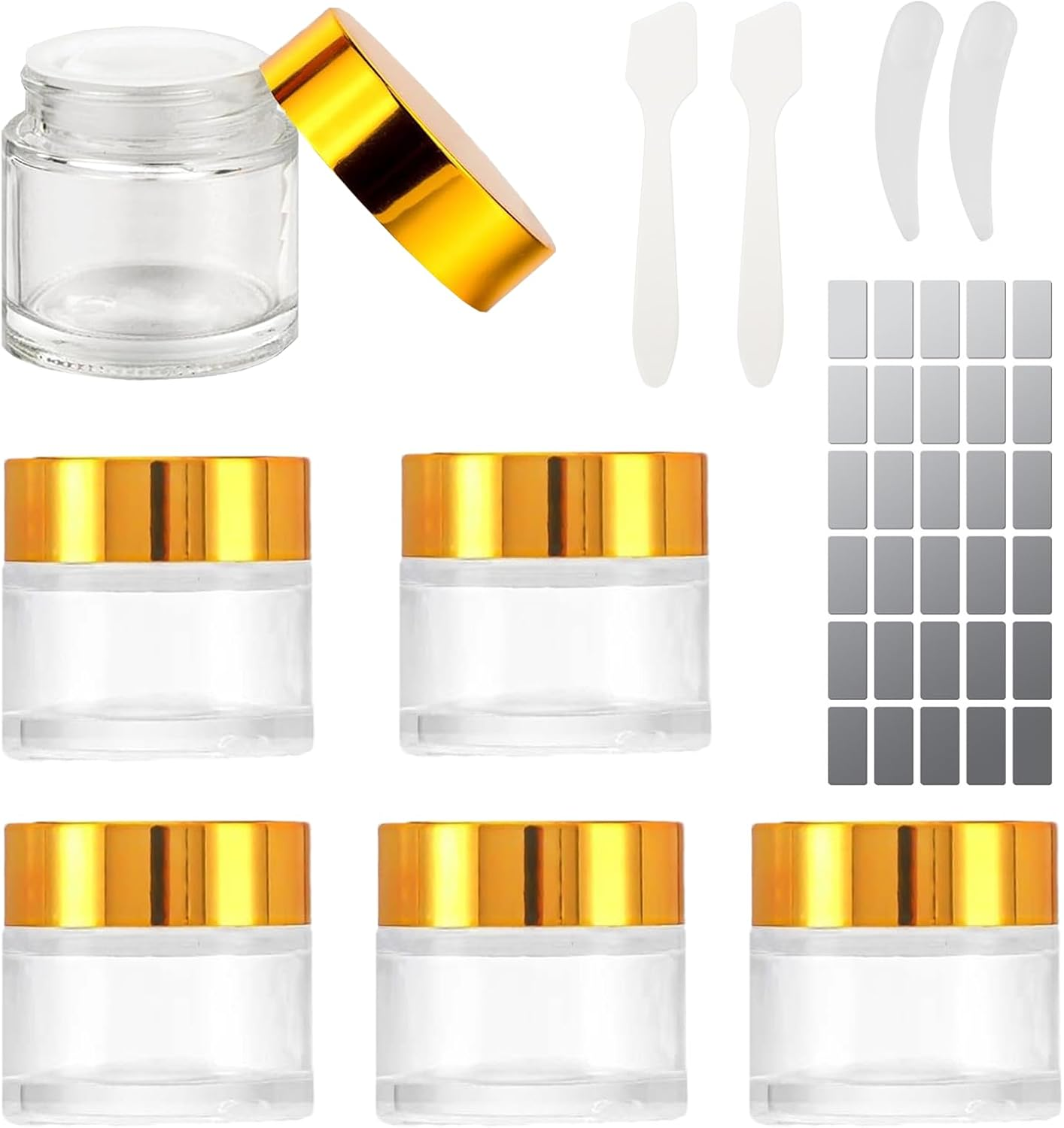 JOWILIN Glass Cosmetic Containers Set, 6 Pcs 50G/50Ml Empty Sample Jars with Inner Liners & Lids & 4 Spatulas Tool, Portable & Reusable Pot, Refillable Travel Jars for Makeup, Lotions, Cream (Amber)
