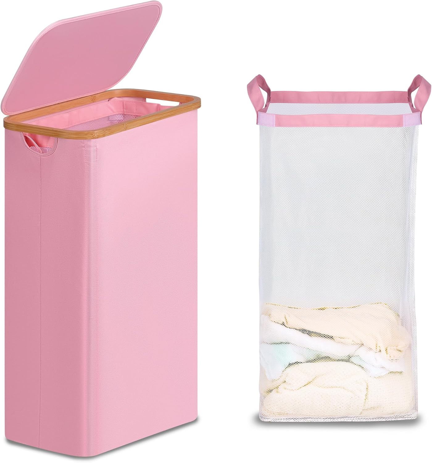 Efluky Slim Laundry Basket with Lid, Tall Narrow Washing Basket for Laundry, Folding Small Slimline Laundry Baskets for Dirty Clothes, 63L Cloth Storage Basket Beige