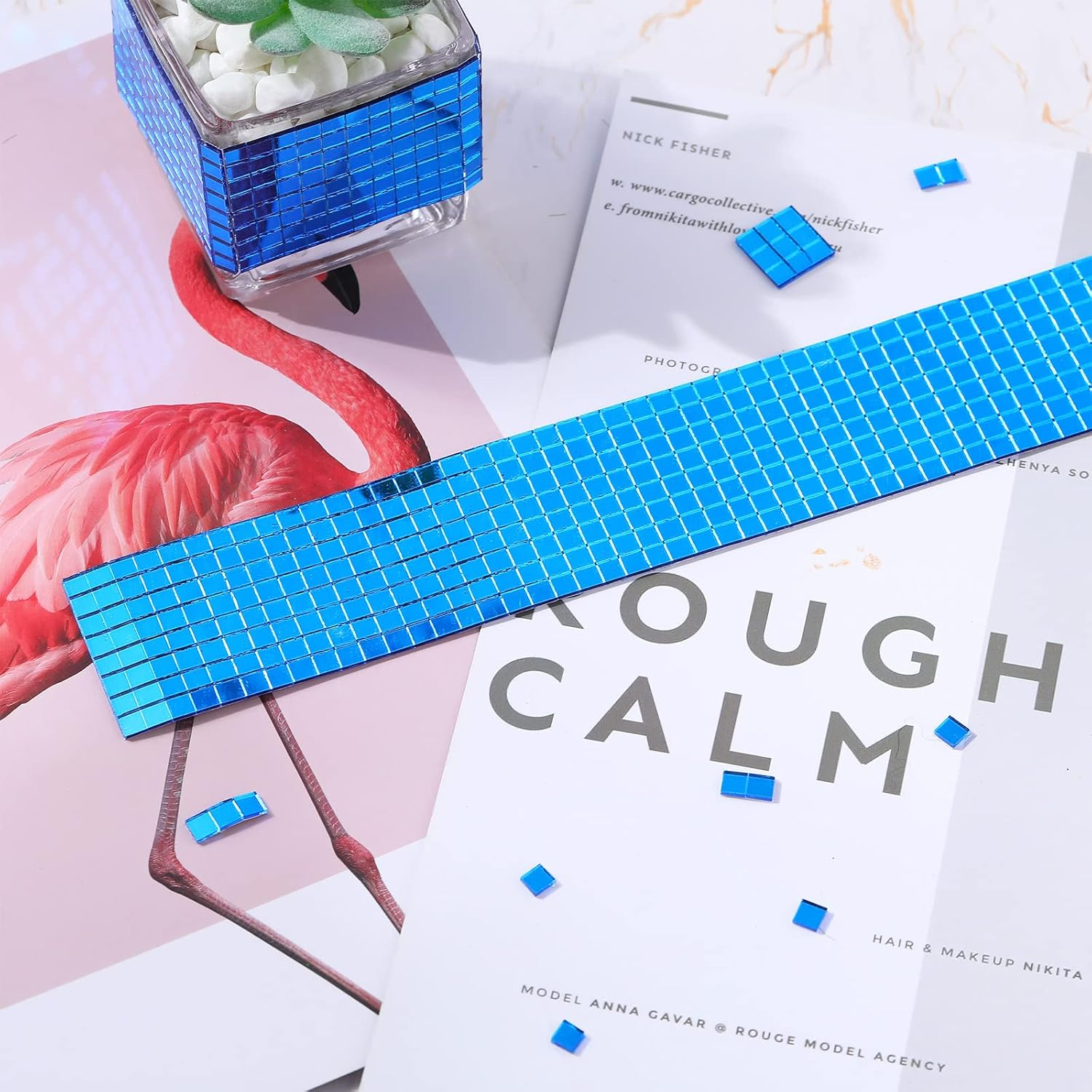 Queekay 4800 Pcs Disco Ball Self Adhesive Mirror Mosaic Tiles Glass 5 X 5 Mm Mini Disco Tiles Stickers Tape for Crafts Small Square Mirror for DIY Decoration(Blue) image number 5