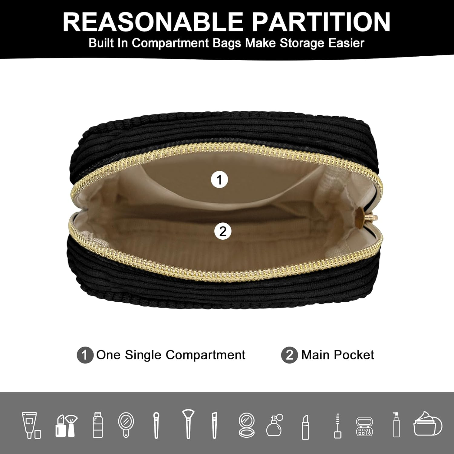 Long Keeper Small Cosmetic Bag for Women Mini Make up Bag for Handbag Solid Colour Cord Makeup Bag with Compartments Travel Makeup Bag for Women, Pure Black, Portable Cosmetic Bag