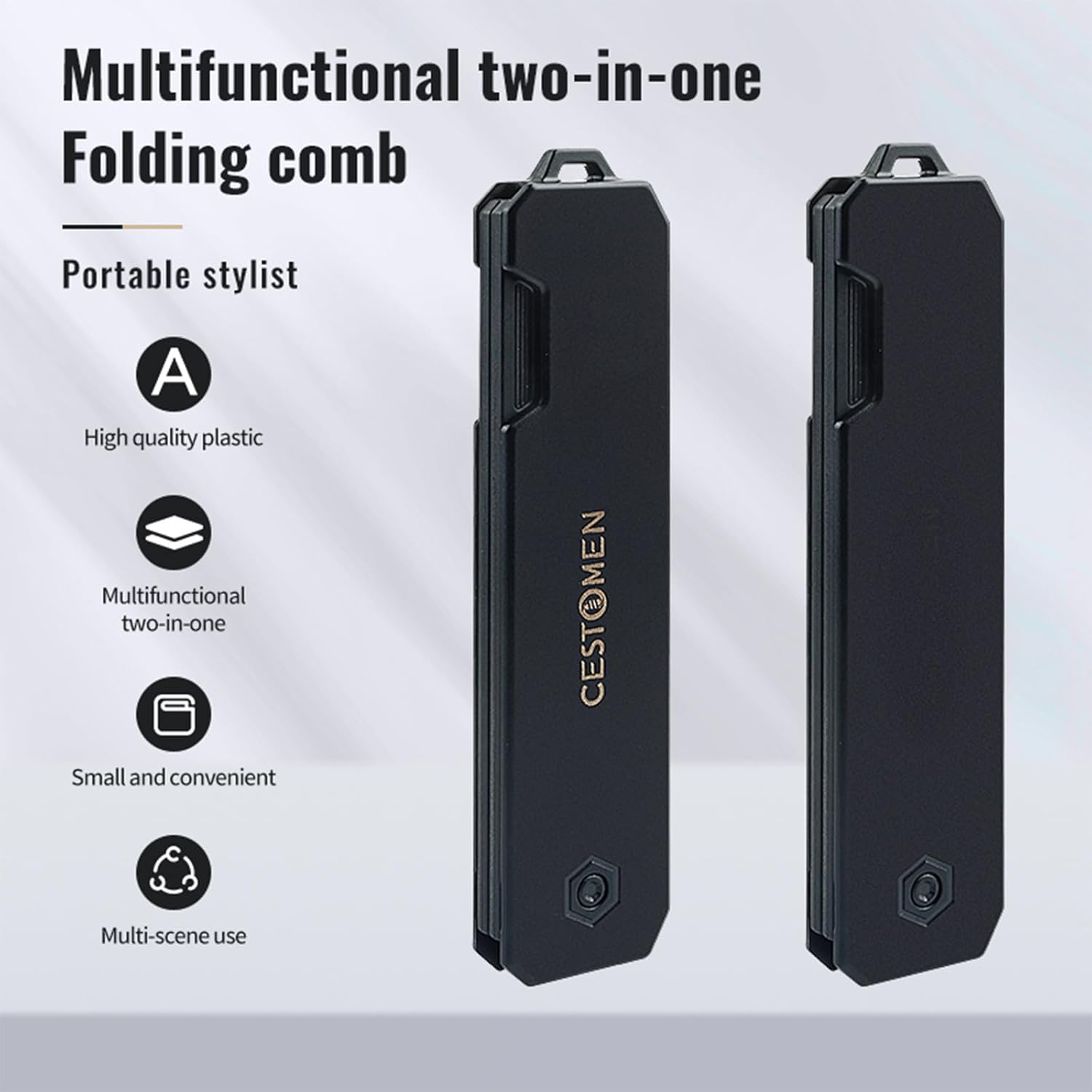 Cestomen Protable Folding Pocket Comb for Men, 2 in 1 Hair Comb - Fine Tooth Comb, Styling for Everyday Grooming & Combing Hair, Beards and Mustaches (Black)