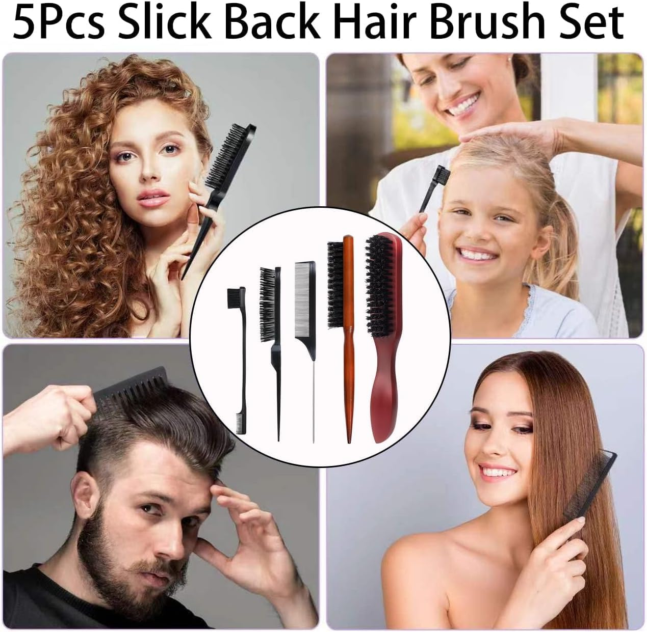 Boar Bristle Slick Back Hair Brush Teasing Comb, 5Pcs anti Static Quiff Roller Hair Brushes,Slick Back Hair Brushes Boar Bristle Hair Brush with Plastic Comb and Eyebrow Brush image number 5