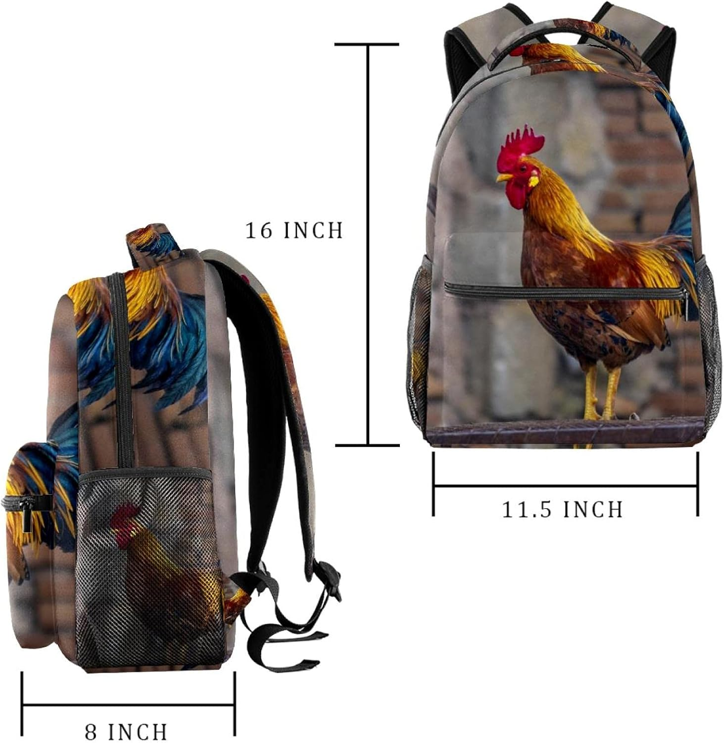 Animal Rooster Feathers Colors Farm Backpack Students Shoulder Bags Travel Bag College School Tote Backpacks image number 1